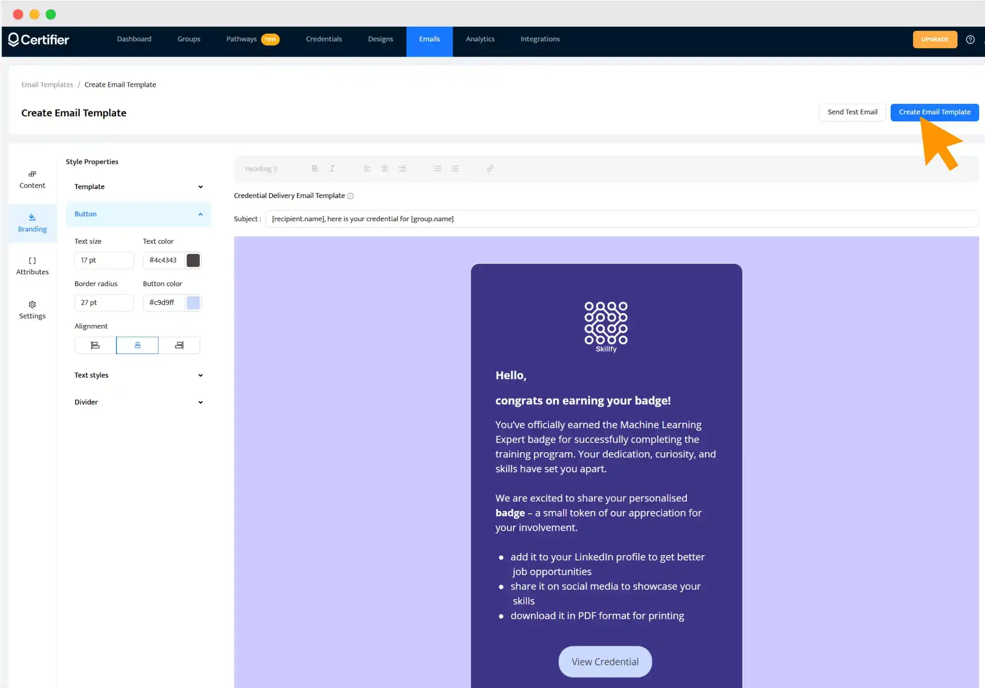 A badge delivery email template setup promoting sharing on LinkedIn, demonstrating how to distribute open badges for lifelong learning. A badge delivery email template setup promoting sharing on LinkedIn, demonstrating how to distribute open badges for lifelong learning.