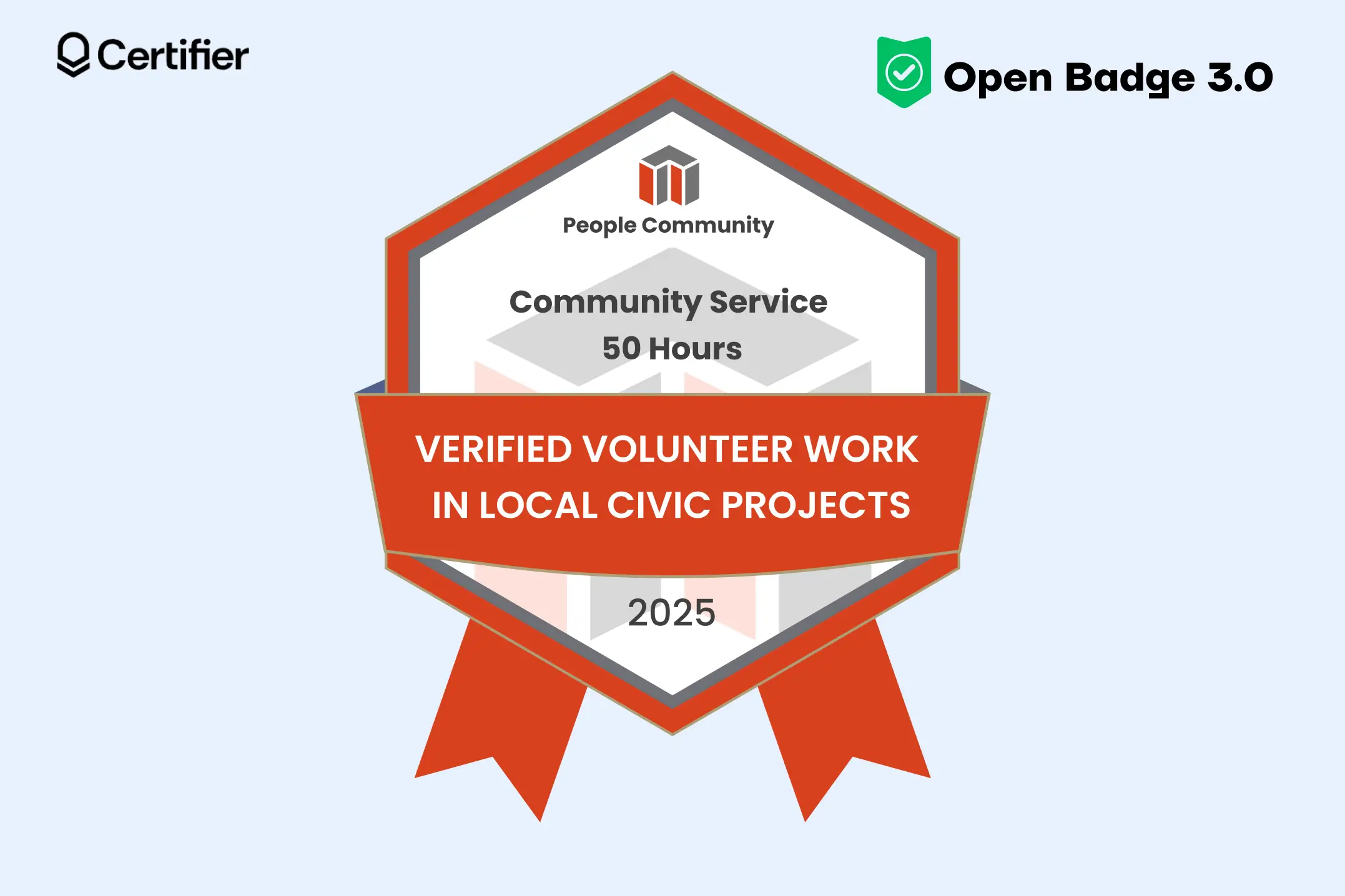 A community service badge awarded for volunteering, demonstrating how to earn open badges for lifelong learning from an open badges issuer. A community service badge awarded for volunteering, demonstrating how to earn open badges for lifelong learning from an open badges issuer.