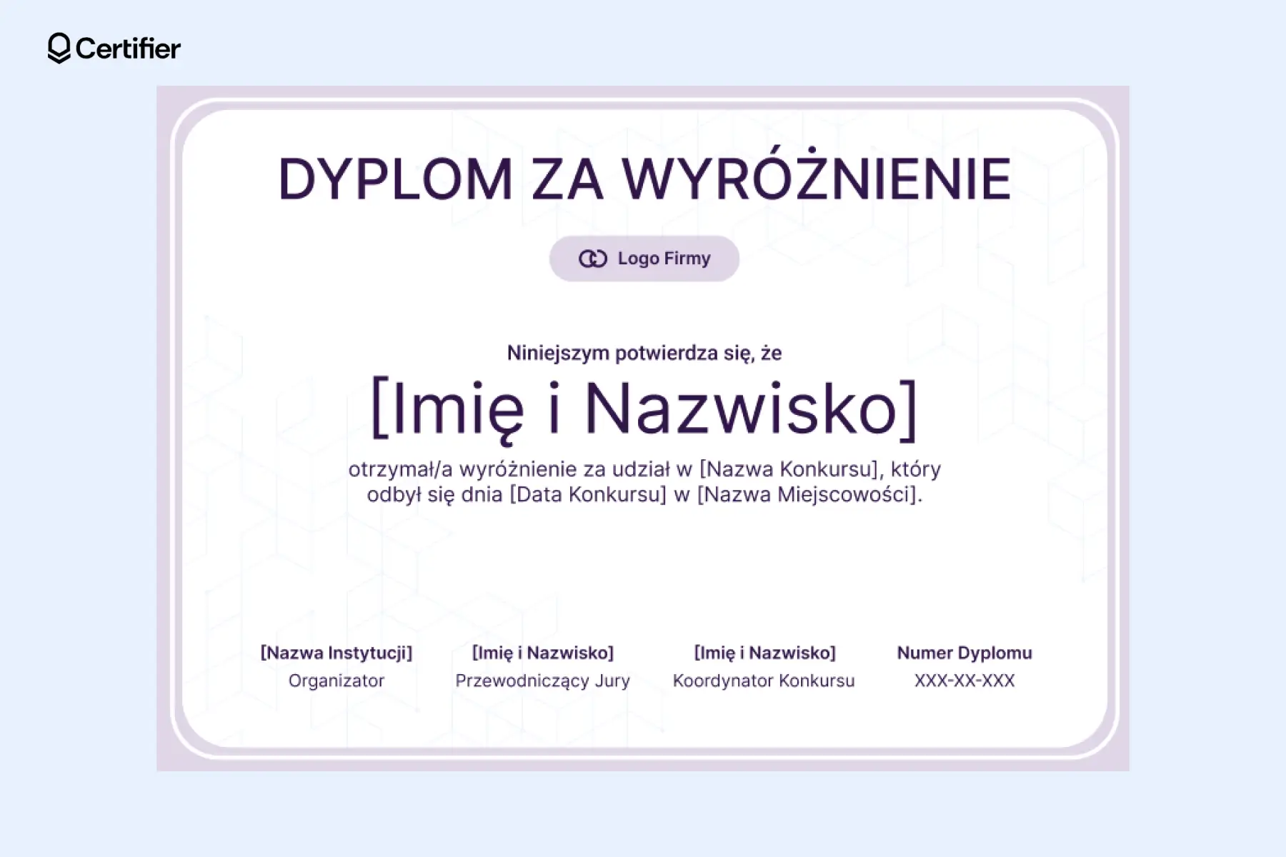 Delikatny dyplom wyróżnienie wzór z geometrycznym tłem i fioletową ramką, podziękowanie online lub projekt wydrukowany po akceptacji. Delikatny dyplom wyróżnienie wzór z geometrycznym tłem i fioletową ramką, podziękowanie online lub projekt wydrukowany po akceptacji.