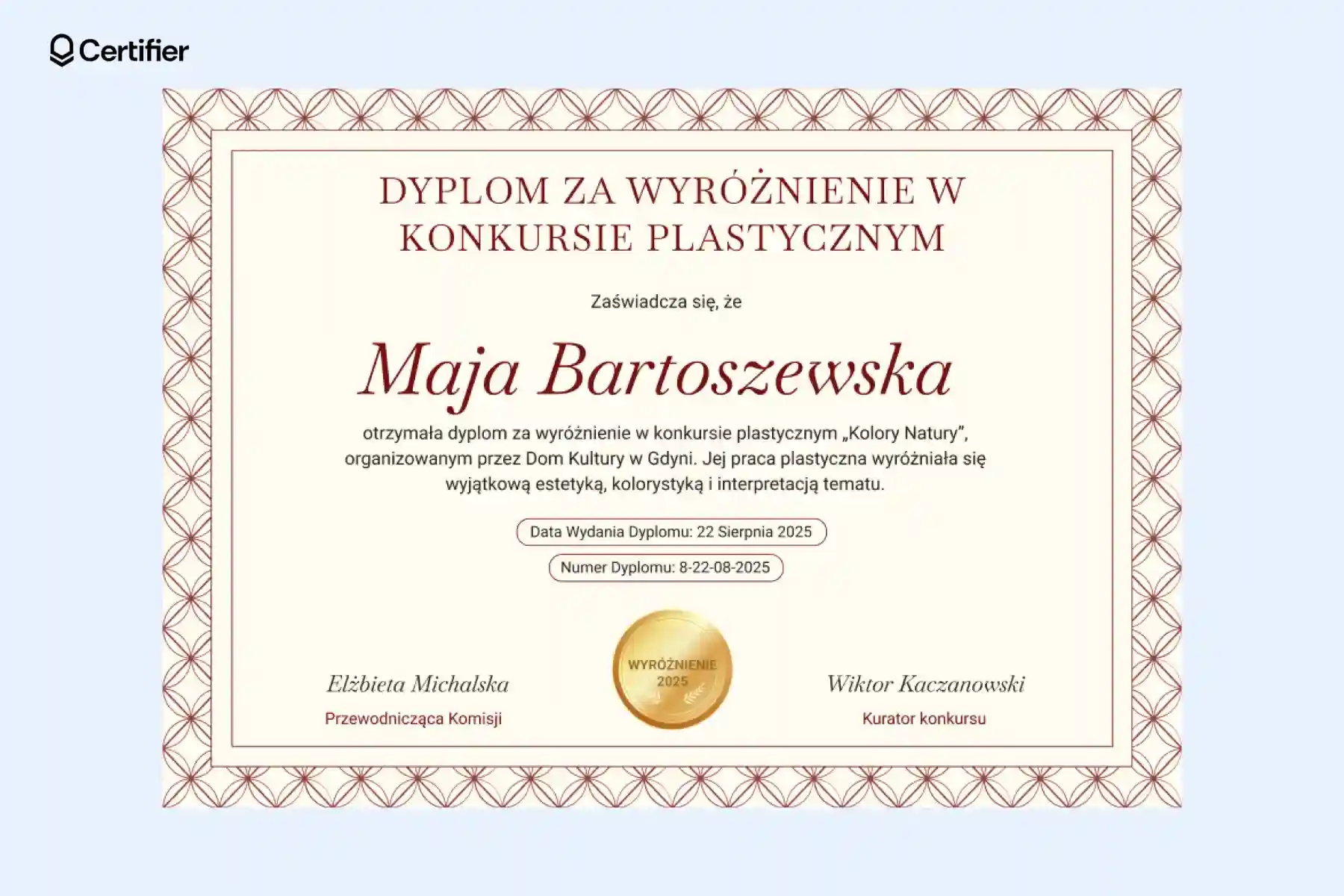 Stylowy dyplom wyróżnienie w konkursie plastycznym z bogatą ramką, złotą odznaką i dużą ilością informacji, nie musisz dodawać go do koszyka, pobierz za darmo. Stylowy dyplom wyróżnienie w konkursie plastycznym z bogatą ramką, złotą odznaką i dużą ilością informacji, nie musisz dodawać go do koszyka, pobierz za darmo.