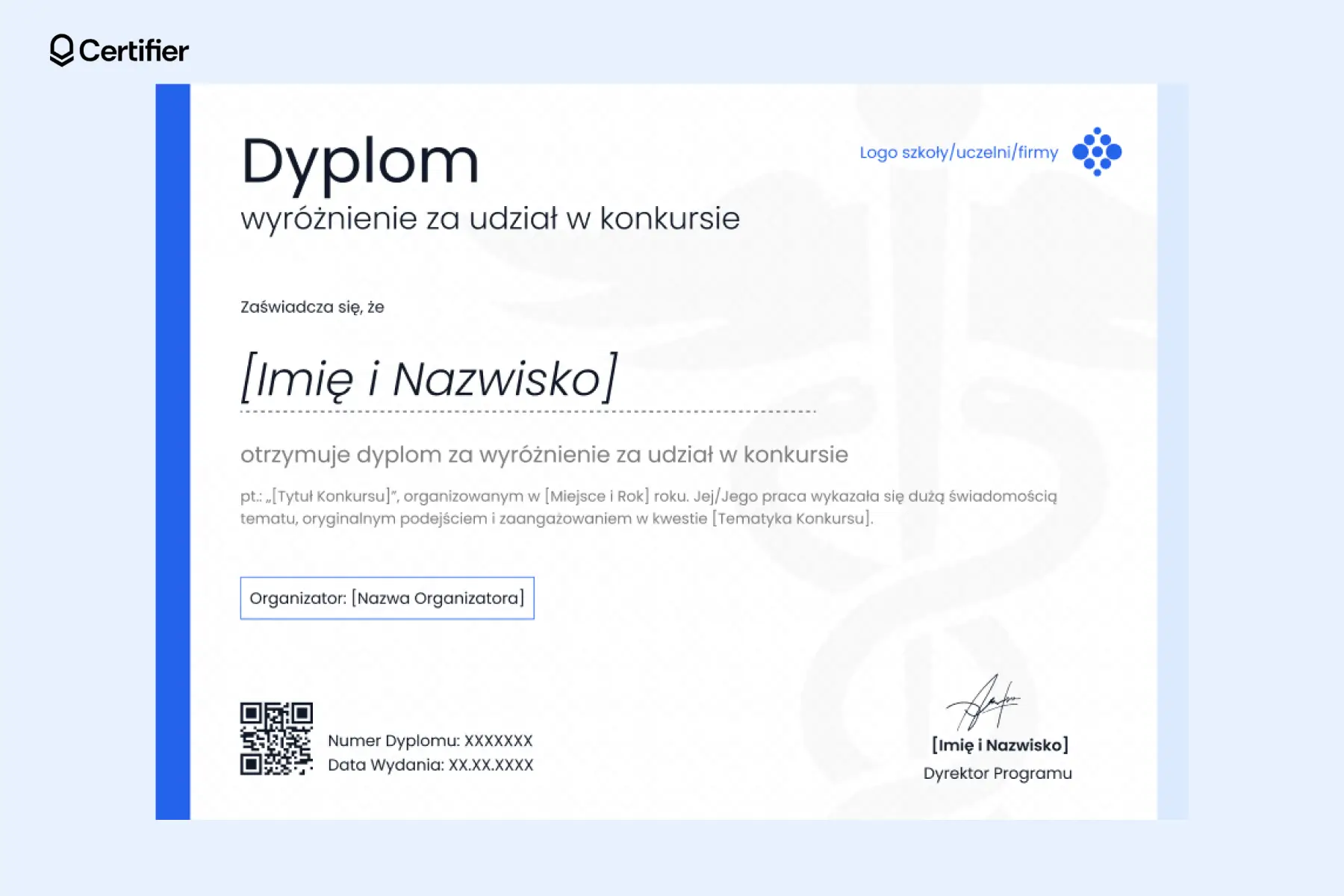 Niebieski i nowoczesny dyplom za wyróżnienie w konkursie w klasycznym stylu, świetna opcja na dyplom wyróżnienie przedszkole który można wysłać mailem. Niebieski i nowoczesny dyplom za wyróżnienie w konkursie w klasycznym stylu, świetna opcja na dyplom wyróżnienie przedszkole który można wysłać mailem.