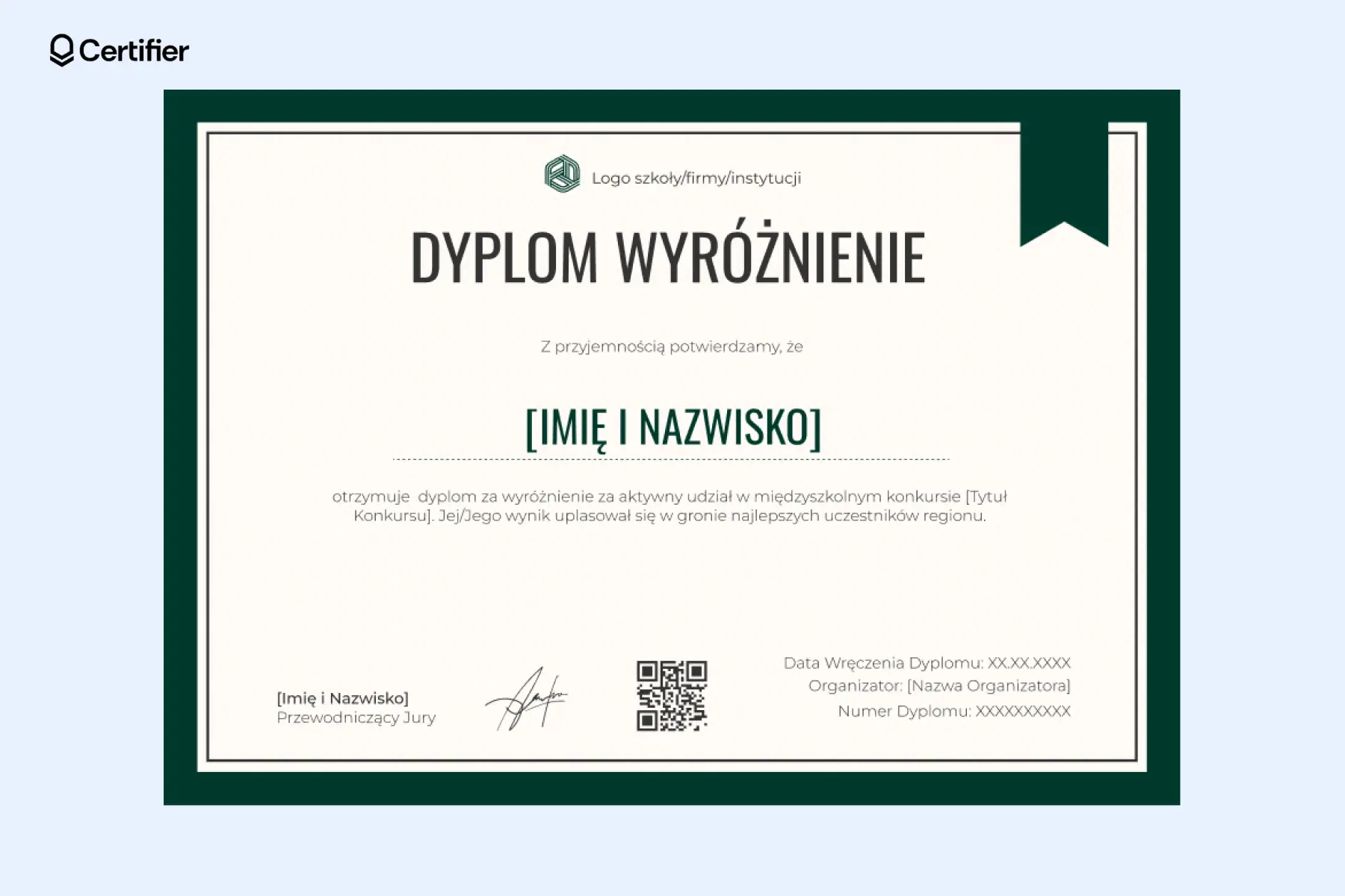 Tradycyjny dyplom za wyróżnienie w konkursie z ciemną ramką i dużym miejscem na imię i nazwisko, można go wysłać online za pomocą jednego przycisku. Tradycyjny dyplom za wyróżnienie w konkursie z ciemną ramką i dużym miejscem na imię i nazwisko, można go wysłać online za pomocą jednego przycisku.