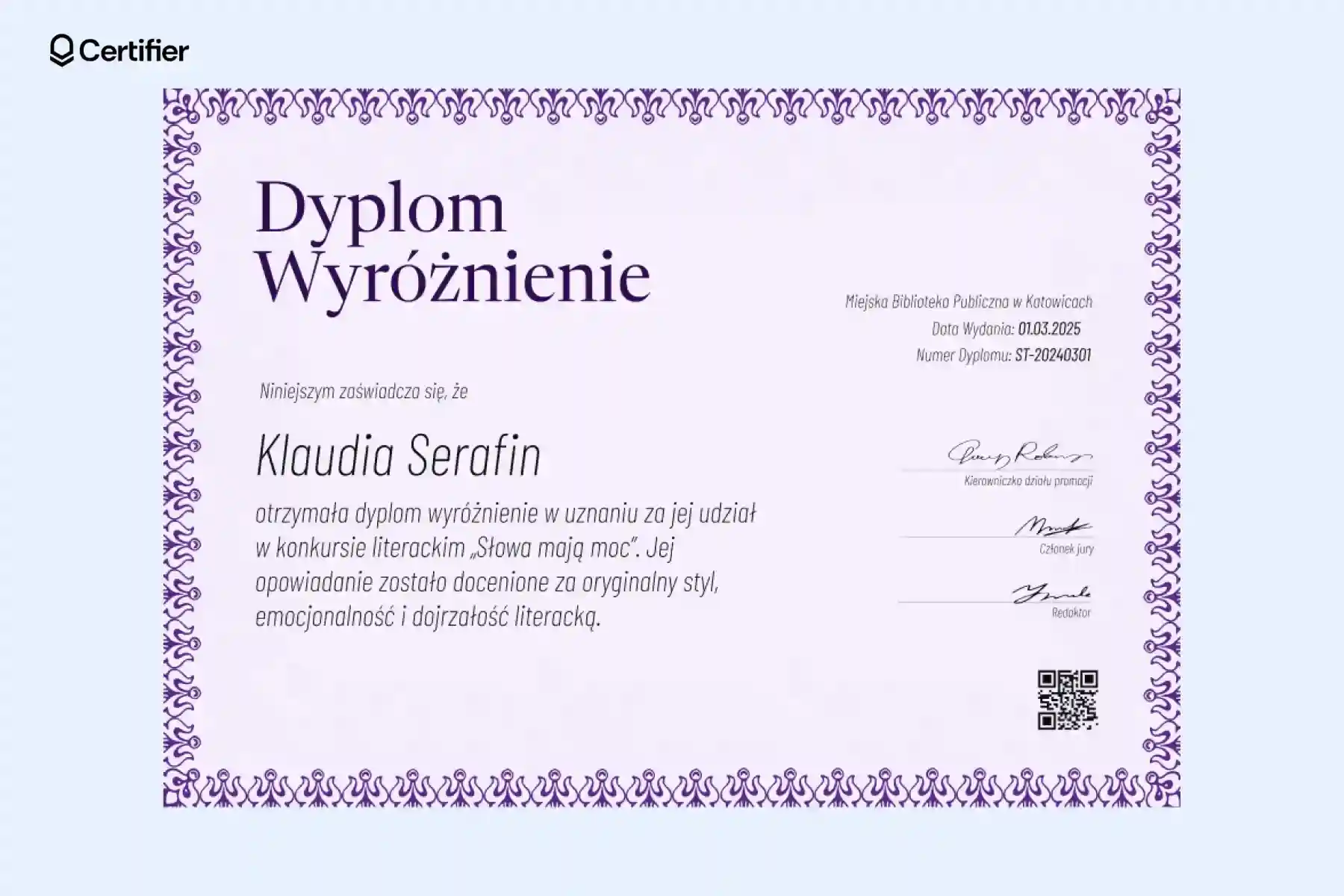 Stylowy fioletowy wyróżnienie w konkursie dyplom z ozdobną ramką i pochylonym tekstem, idealny do zamówienia jako dyplom wyróżnienie przedszkole. Stylowy fioletowy wyróżnienie w konkursie dyplom z ozdobną ramką i pochylonym tekstem, idealny do zamówienia jako dyplom wyróżnienie przedszkole.