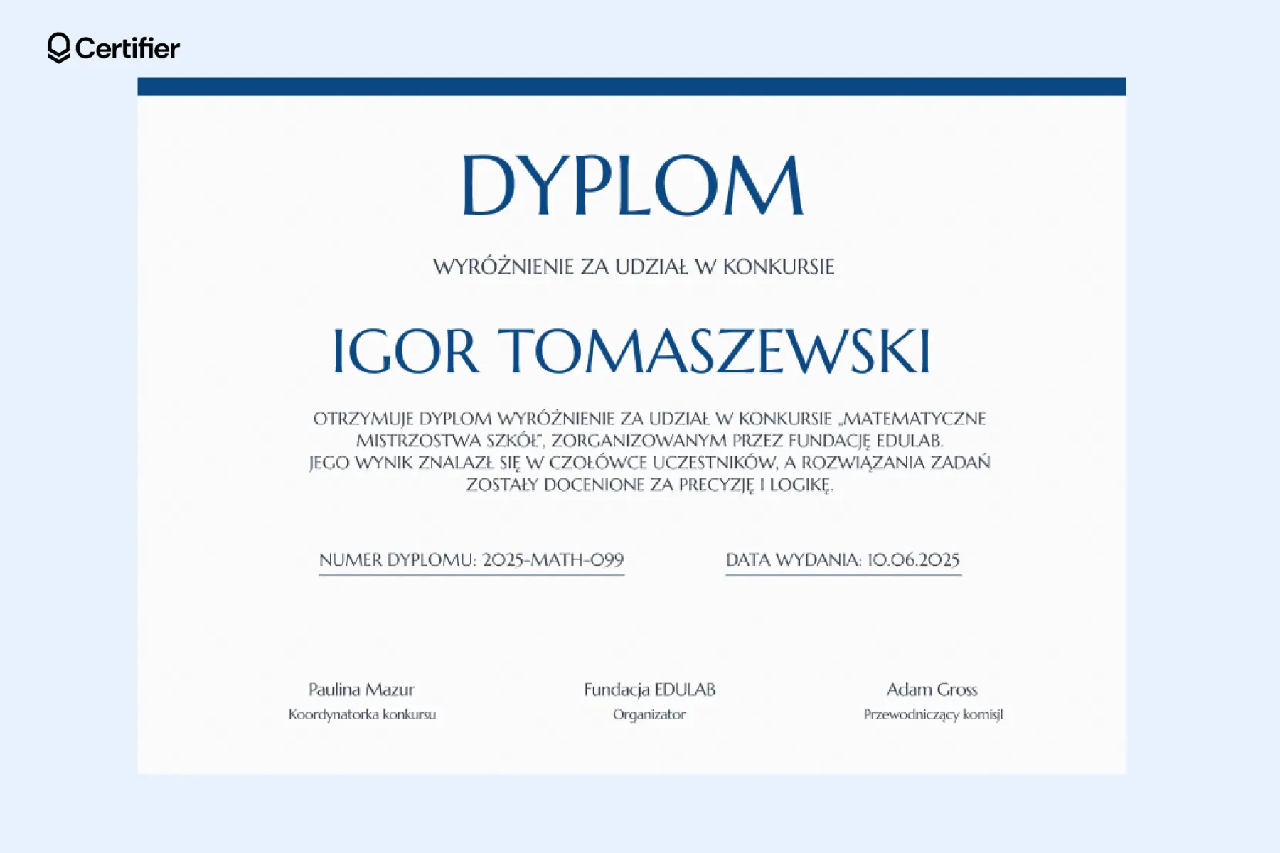 Wyróżnienie dyplom wzór, który nadaje się na dyplom wyróżnienie konkurs plastyczny, z czytelnym układem, białym tłem i granatową czcionką. Wyróżnienie dyplom wzór, który nadaje się na dyplom wyróżnienie konkurs plastyczny, z czytelnym układem, białym tłem i granatową czcionką.