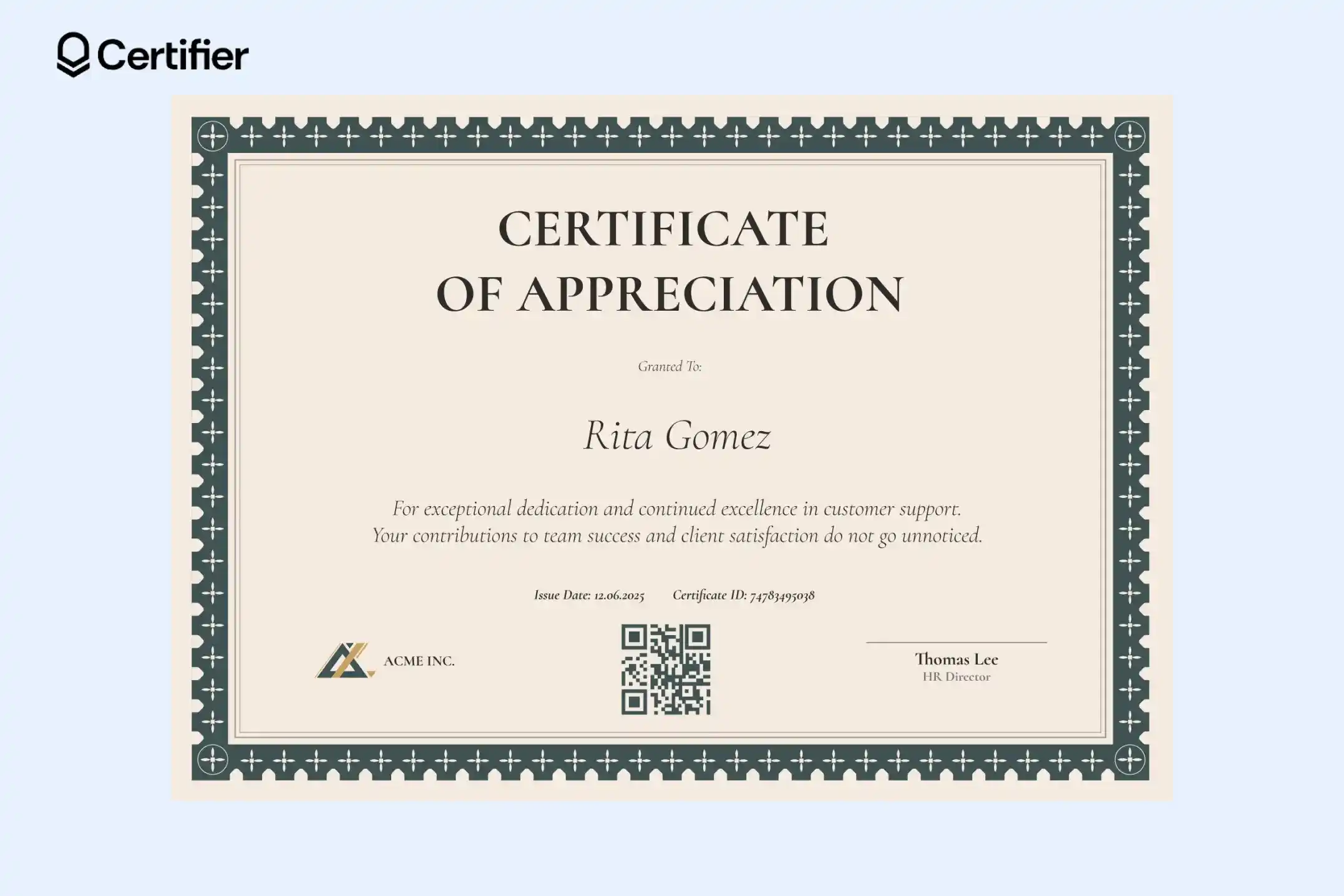 Certificate of appreciation for employees with green elegant frame, QR code, signature certificate ID; suitable to use as a certificate of appreciation for donation. Certificate of appreciation for employees with green elegant frame, QR code, signature certificate ID; suitable to use as a certificate of appreciation for donation.