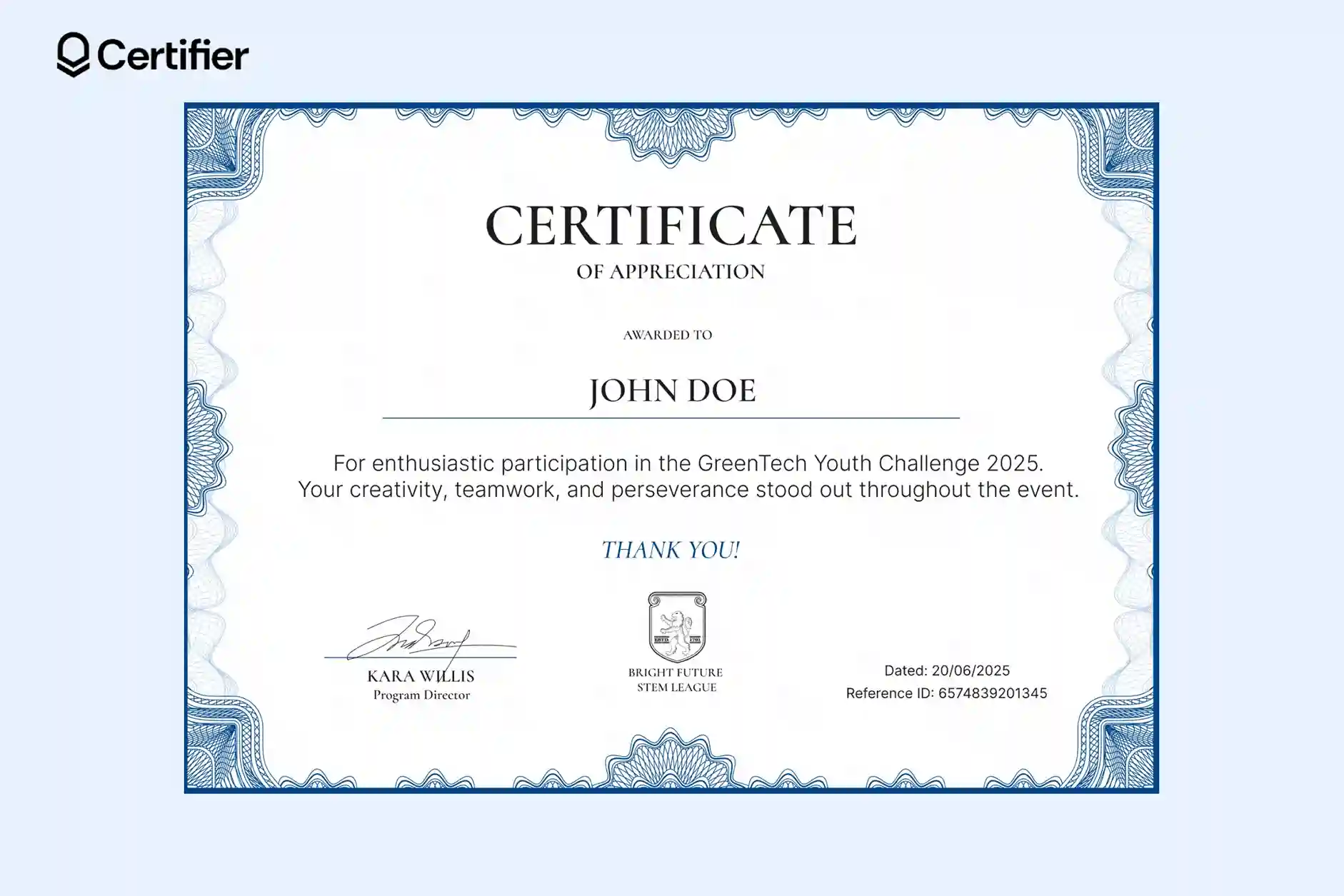 Blue certificate of appreciation for participation template featuring blue background; logo placeholder, digital signatures. Blue certificate of appreciation for participation template featuring blue background; logo placeholder, digital signatures.