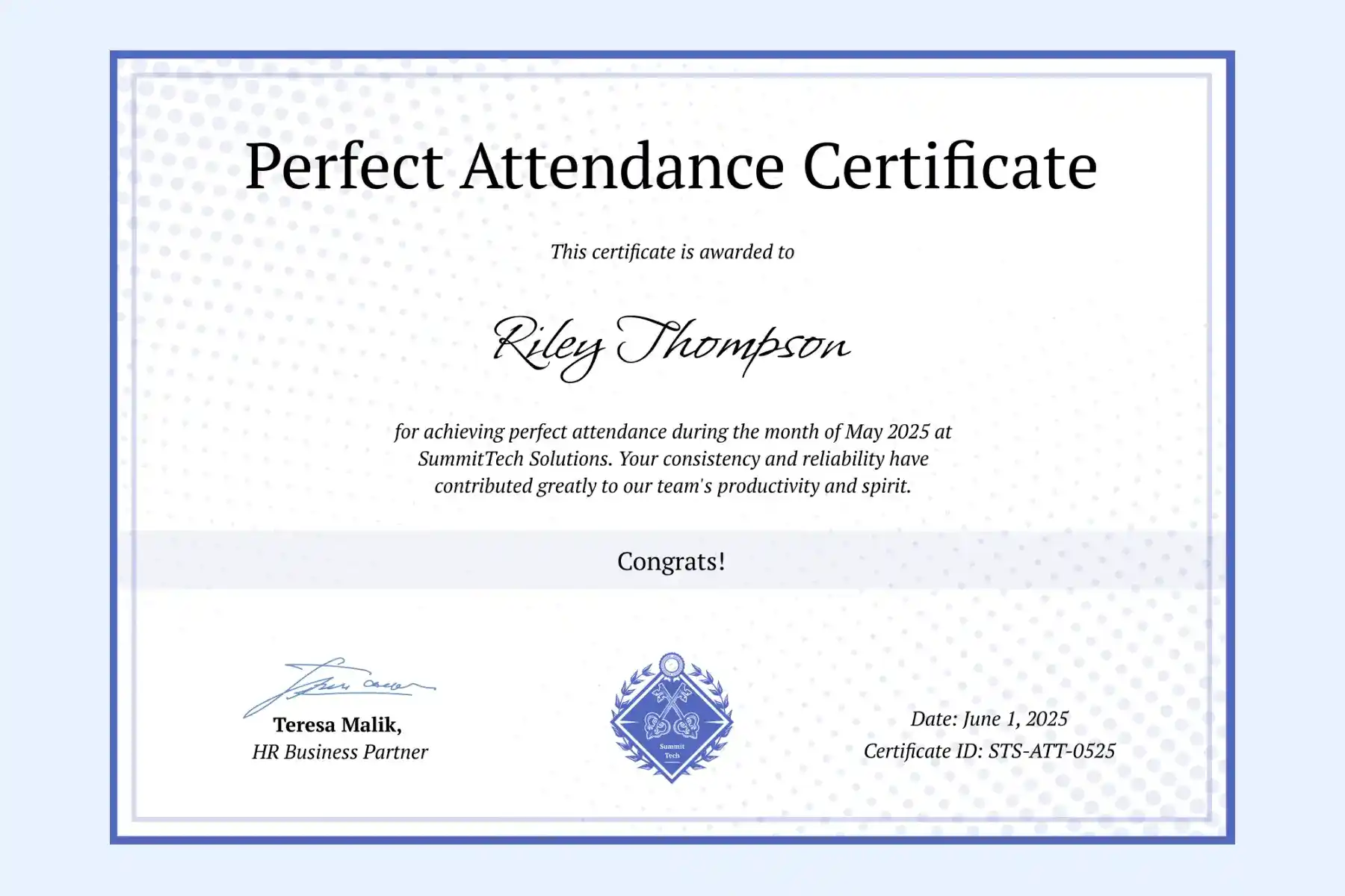 Monthly award perfect attendance certificate template showing recipient name, date, and signatures. Monthly award perfect attendance certificate template showing recipient name, date, and signatures.