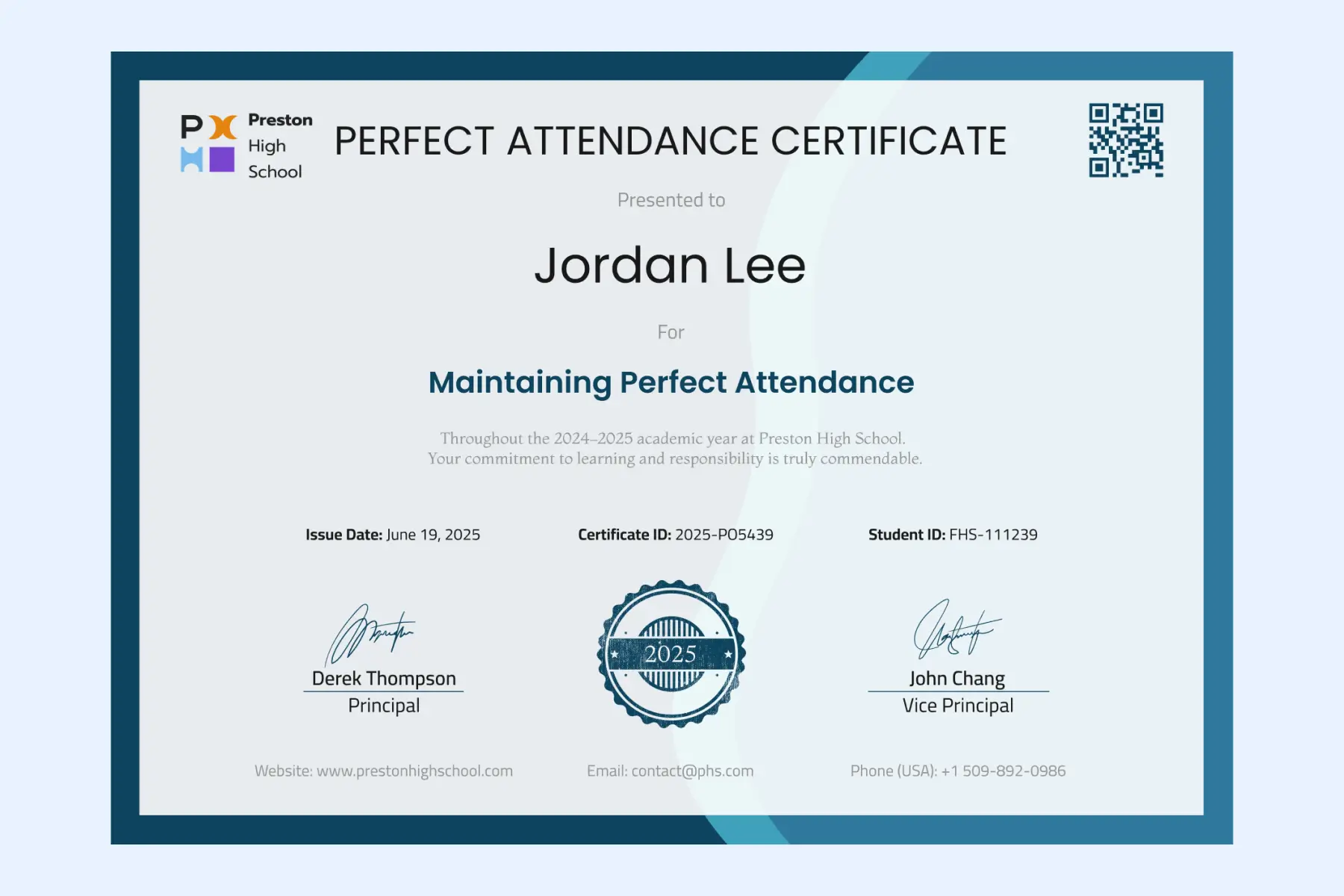 High school academic year perfect attendance certificate template showing recipient name, date, and signatures. High school academic year perfect attendance certificate template showing recipient name, date, and signatures.