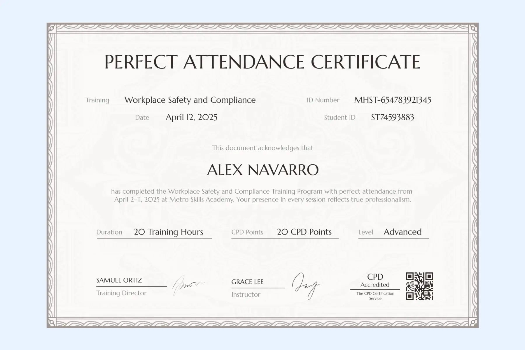 Perfect attendance certificate template for professional programs with ID, hours, and signatures; it features a gray background and decorative border. Perfect attendance certificate template for professional programs with ID, hours, and signatures; it features a gray background and decorative border.
