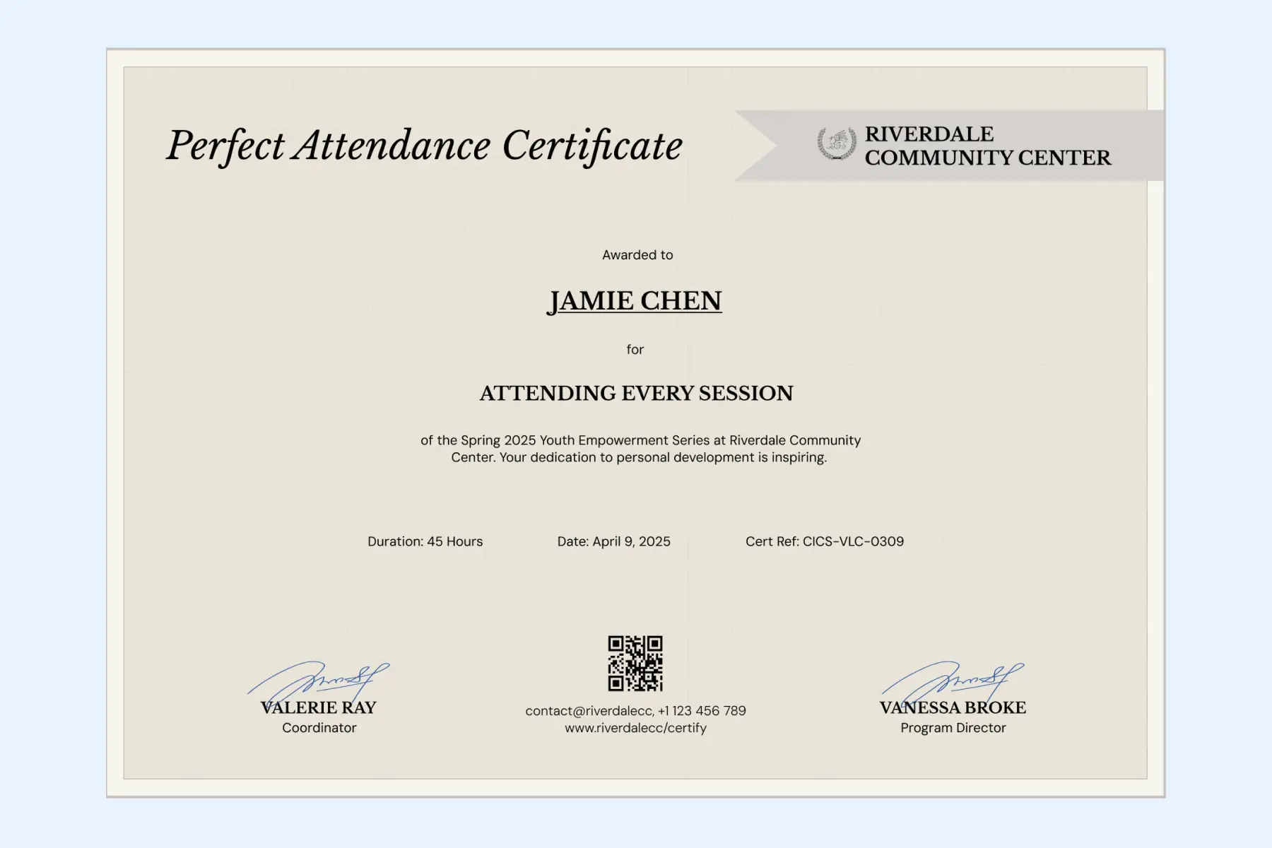 Perfect attendance certificate template in beige showing recipient details, event name, and director signatures. Perfect attendance certificate template in beige showing recipient details, event name, and director signatures.