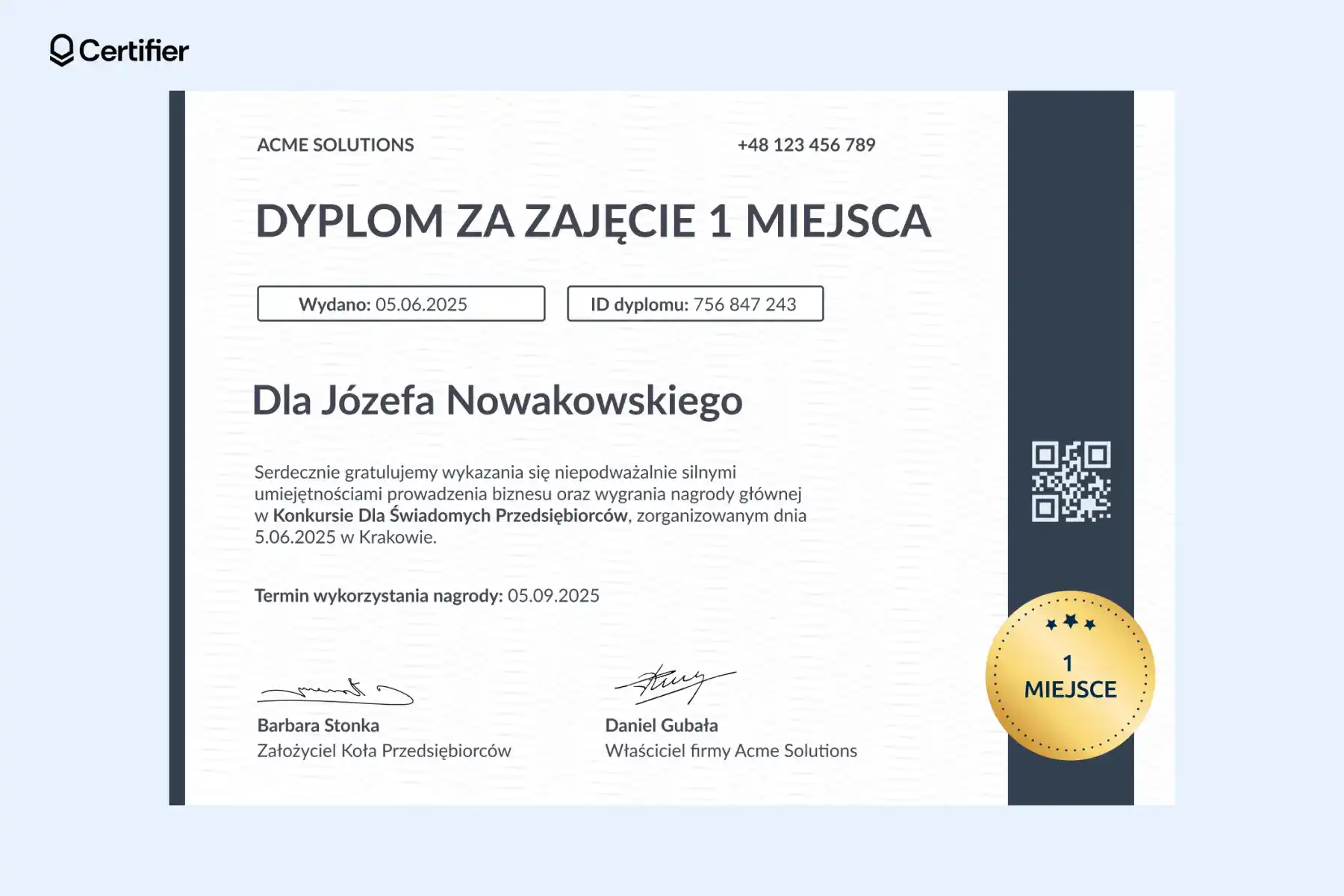 Dyplom za zajęcie 1 miejsca wzór z niebieskim paskiem bocznym, minimalistycznym układem i złotym medalem. Dyplom za zajęcie 1 miejsca wzór z niebieskim paskiem bocznym, minimalistycznym układem i złotym medalem.