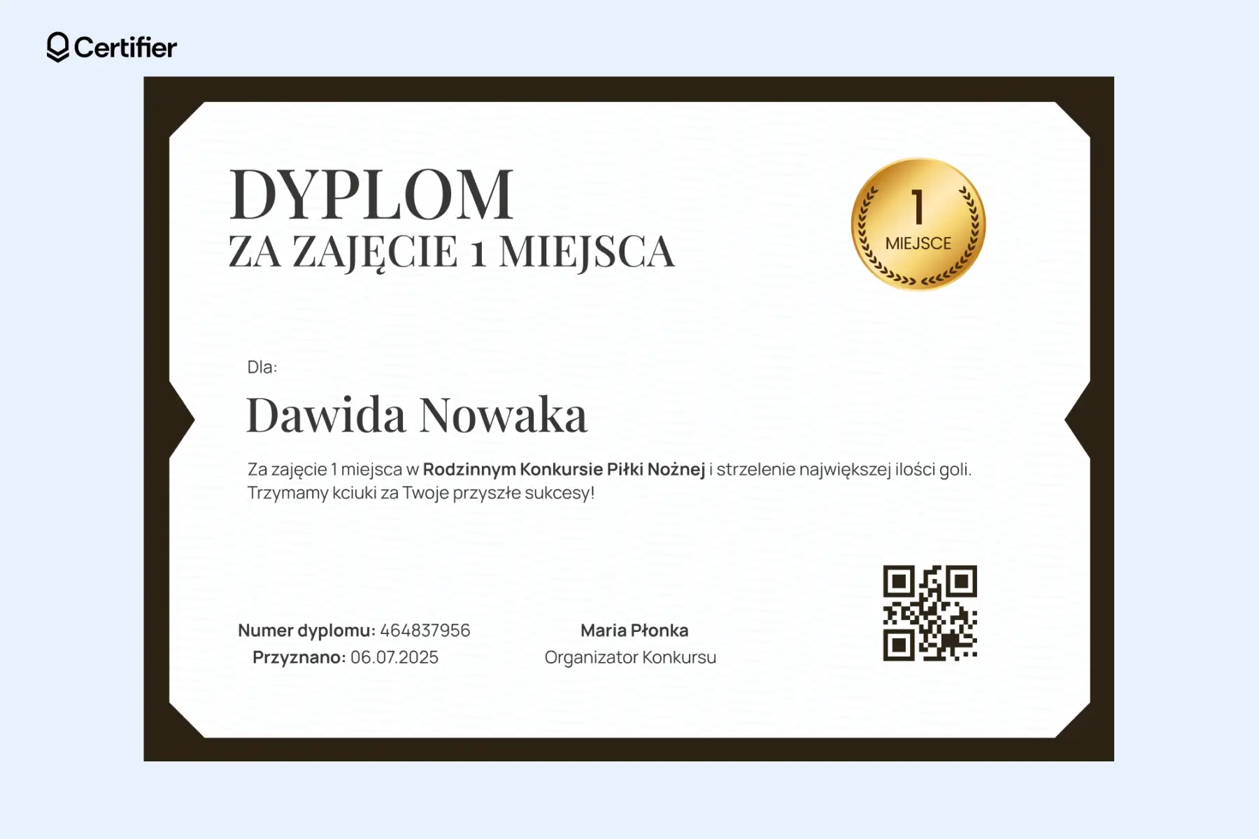 Brązowo-biały dyplom za zajęcie 1 miejsca w piłce nożnej z minimalistycznym układem i złotym medalem w górnym rogu. Brązowo-biały dyplom za zajęcie 1 miejsca w piłce nożnej z minimalistycznym układem i złotym medalem w górnym rogu.