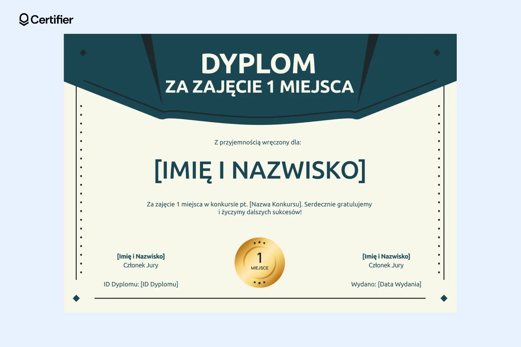 Dyplom za zajęcie 1 miejsca do druku z ozdobną ciemną górą i złotym medalem pośrodku. Dyplom za zajęcie 1 miejsca do druku z ozdobną ciemną górą i złotym medalem pośrodku.