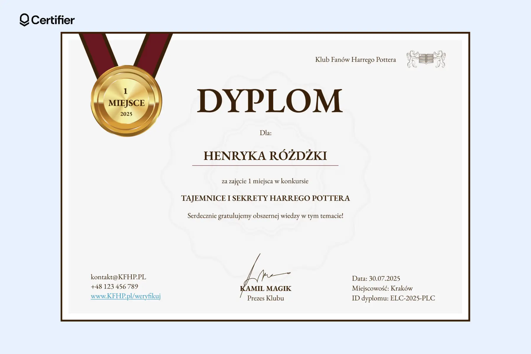 Dyplom za zajęcie 1 miejsca wzór z dużym medalem na brązowej tasiemce i ozdobną grafiką tła. Dyplom za zajęcie 1 miejsca wzór z dużym medalem na brązowej tasiemce i ozdobną grafiką tła.