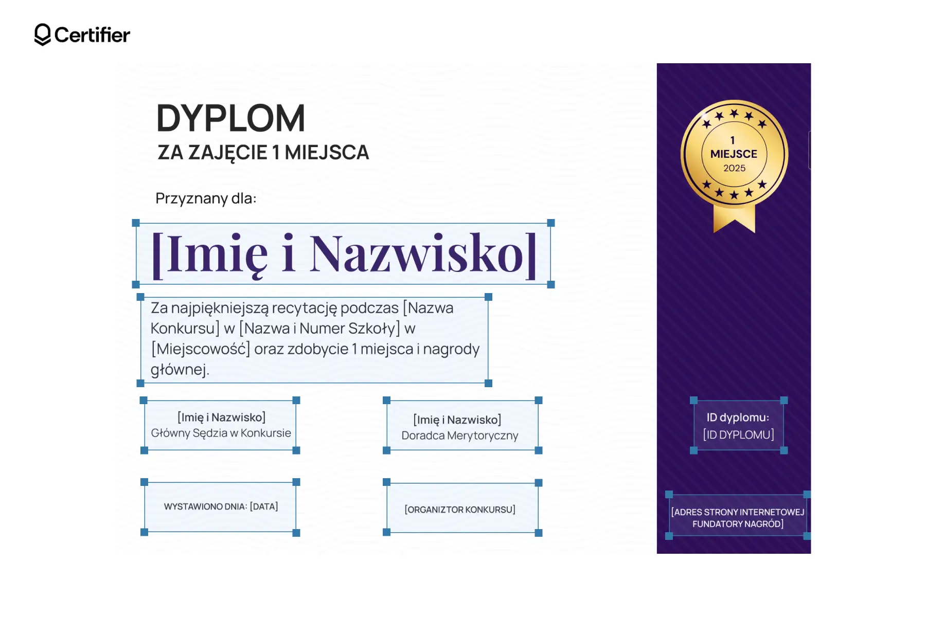 Biało-fioletowy dyplom za zajęcie 1 miejsca w konkursie matematycznym z edytowalnymi polami. Biało-fioletowy dyplom za zajęcie 1 miejsca w konkursie matematycznym z edytowalnymi polami.