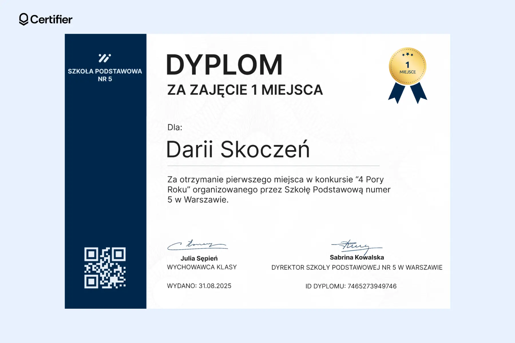Dyplom za zajęcie 1 miejsca w konkursie z granatowym paskiem bocznym i kodem QR prowadzącym do weryfikacji. Dyplom za zajęcie 1 miejsca w konkursie z granatowym paskiem bocznym i kodem QR prowadzącym do weryfikacji.