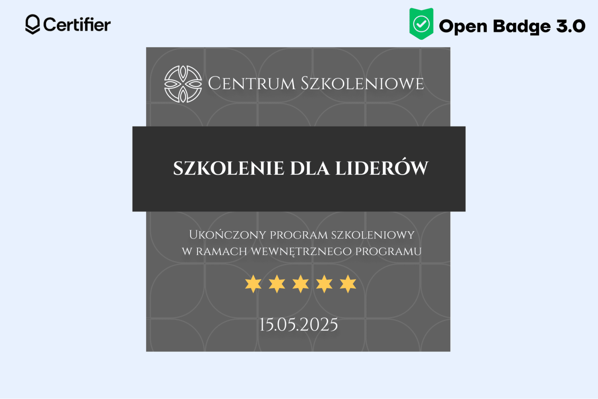 Szary open badge dla liderów, edycja open badge dostępna online; możliwość wyboru open badge a tradycyjny certyfikat w Certifier. Szary open badge dla liderów, edycja open badge dostępna online; możliwość wyboru open badge a tradycyjny certyfikat w Certifier.