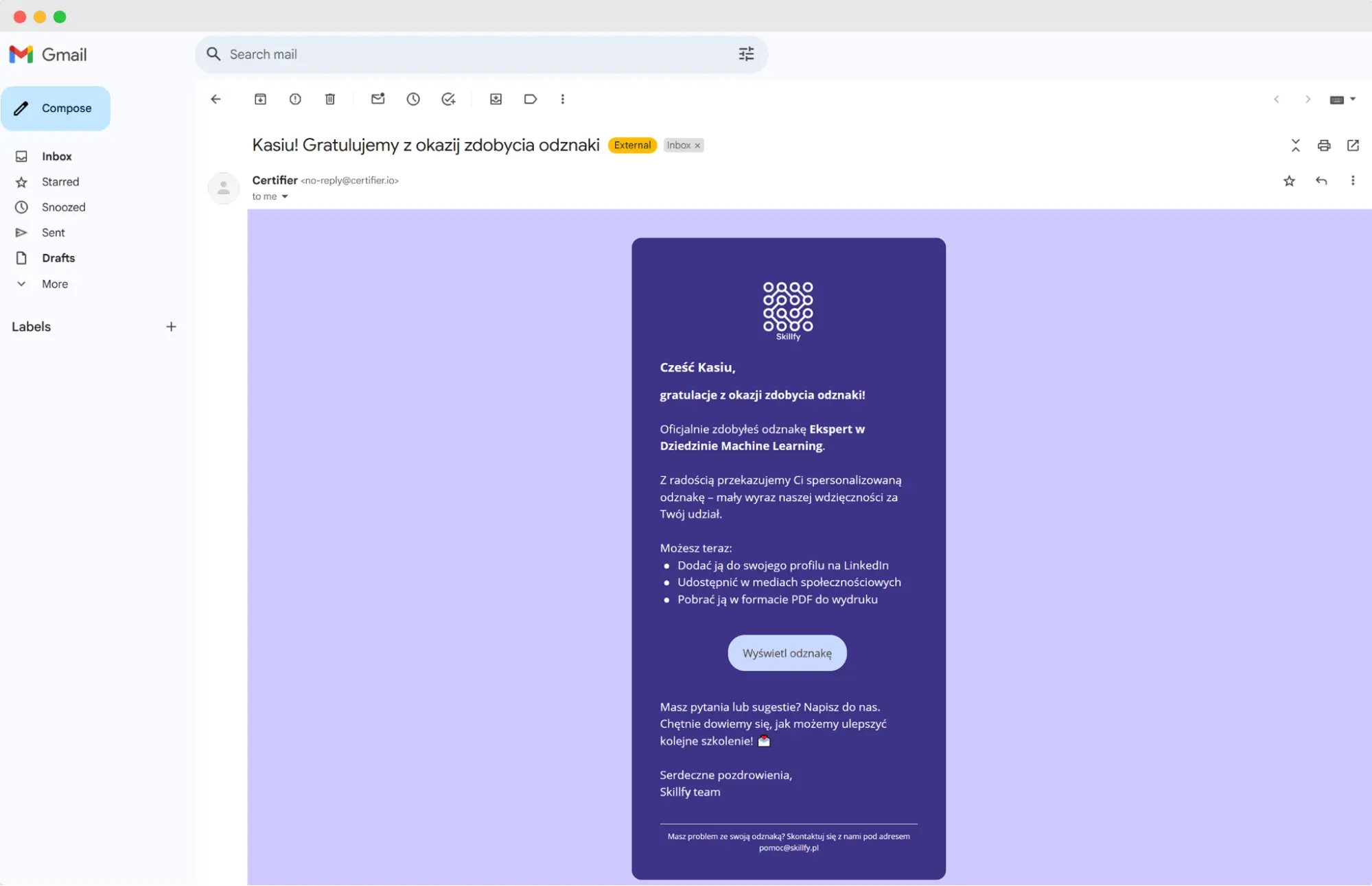 Skrzynka odbiorca Gmail ze spersonalizowanym mailem wysłanym do odbiorcy odznaki w formacie open badge. Skrzynka odbiorca Gmail ze spersonalizowanym mailem wysłanym do odbiorcy odznaki w formacie open badge.