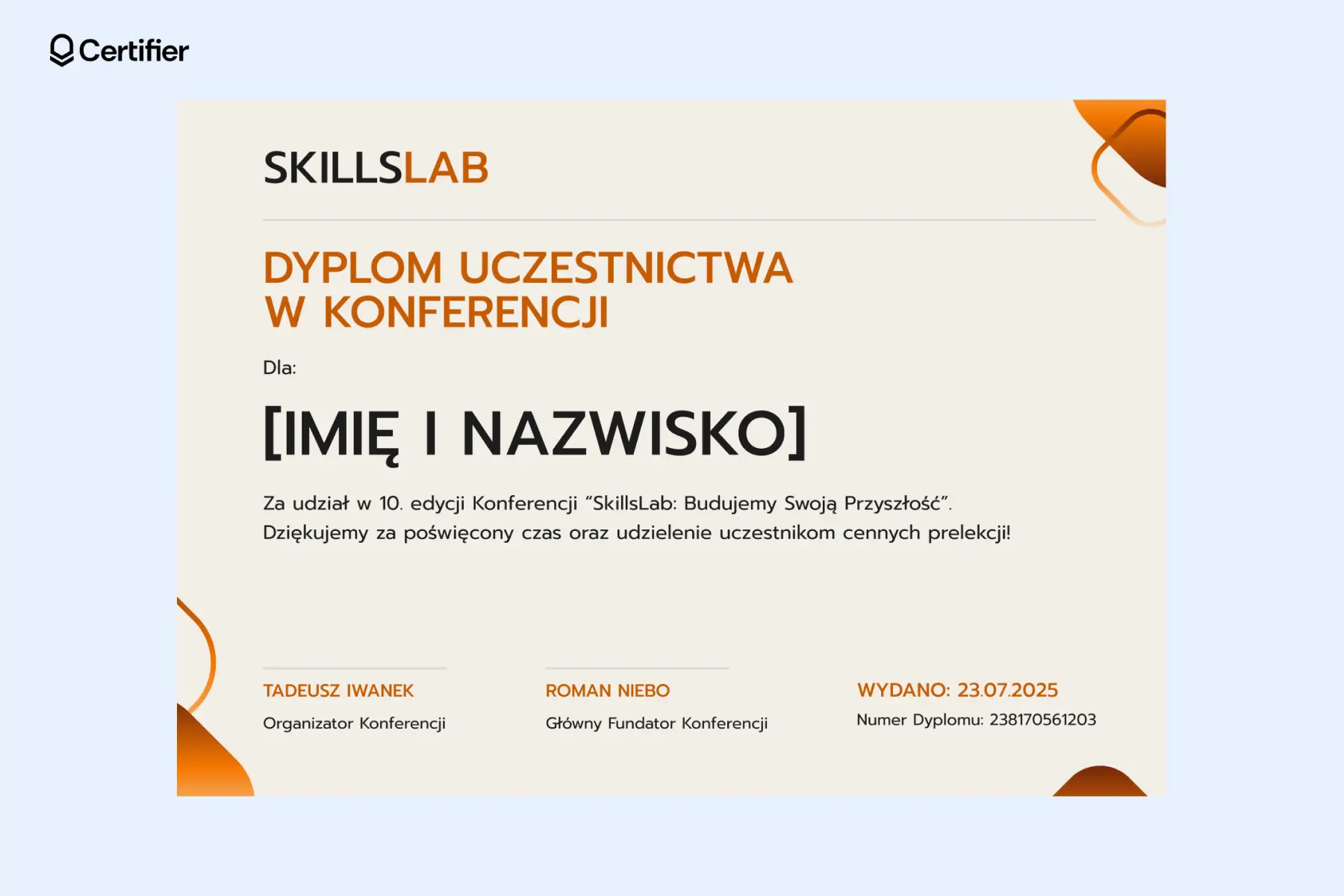 Jasnokremowy dyplom uczestnictwa w konferencji z pomarańczowymi narożnikami, zawiera imię, nazwisko i dane organizatorów. Jasnokremowy dyplom uczestnictwa w konferencji z pomarańczowymi narożnikami, zawiera imię, nazwisko i dane organizatorów.
