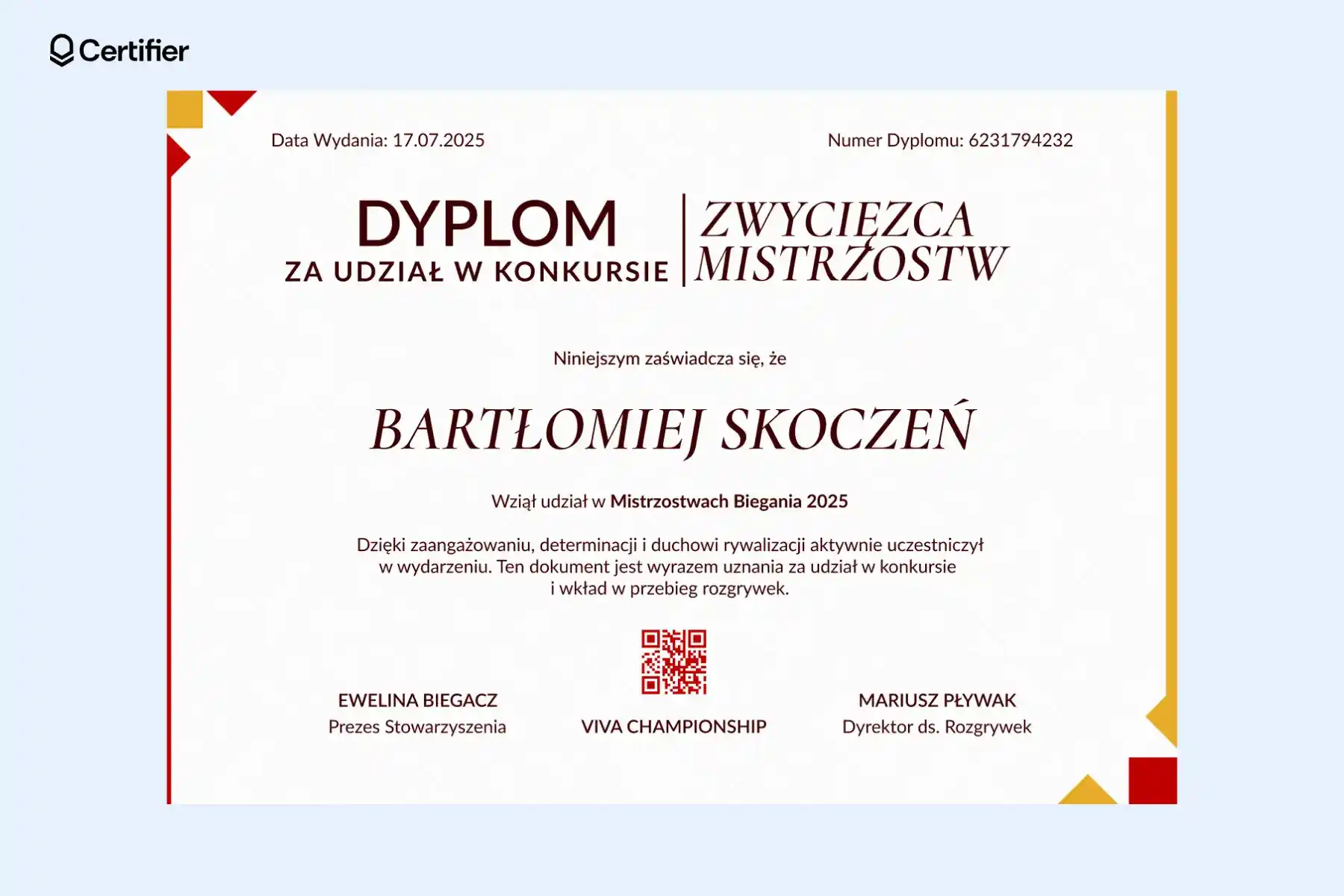 Biały dyplom uczestnictwa w konkursie z czerwono-żółtą grafiką, zawiera nazwisko zwycięzcy, datę i podpisy organizatorów. Biały dyplom uczestnictwa w konkursie z czerwono-żółtą grafiką, zawiera nazwisko zwycięzcy, datę i podpisy organizatorów.
