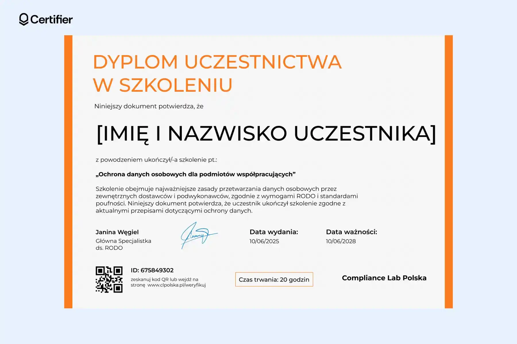 Jasny dyplom uczestnictwa doc z pomarańczowym paskiem bocznym, potwierdzający ukończenie szkolenia z zakresu przepisów ochrony danych osobowych. Jasny dyplom uczestnictwa doc z pomarańczowym paskiem bocznym, potwierdzający ukończenie szkolenia z zakresu przepisów ochrony danych osobowych.