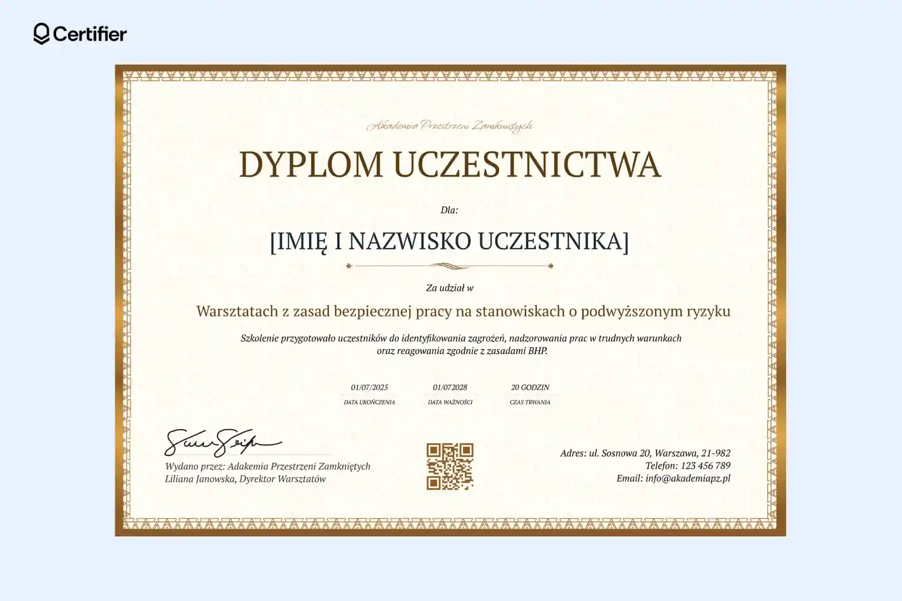 Brązowo-kremowy dyplom uczestnictwa w warsztatach z zarządzania przestrzeniami zamkniętymi, zawiera punkty, godziny oraz dane kontaktowe organizatora. Brązowo-kremowy dyplom uczestnictwa w warsztatach z zarządzania przestrzeniami zamkniętymi, zawiera punkty, godziny oraz dane kontaktowe organizatora.