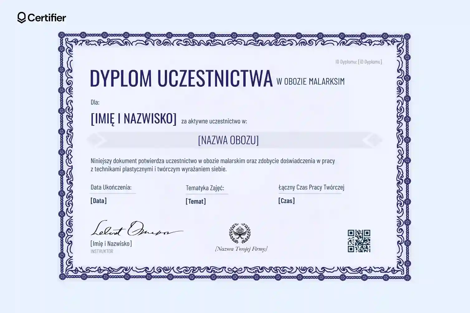 Fioletowy dyplom uczestnictwa w obozie malarskim, z ramką, datą ukończenia i informacjami o spełnionych standardach. Fioletowy dyplom uczestnictwa w obozie malarskim, z ramką, datą ukończenia i informacjami o spełnionych standardach.