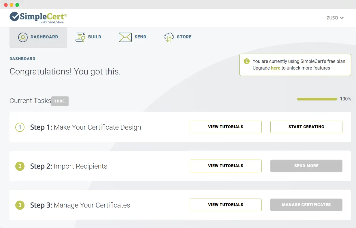 SimpleCert tutorials that users see right after signing up and logging into the tool. SimpleCert tutorials that users see right after signing up and logging into the tool.