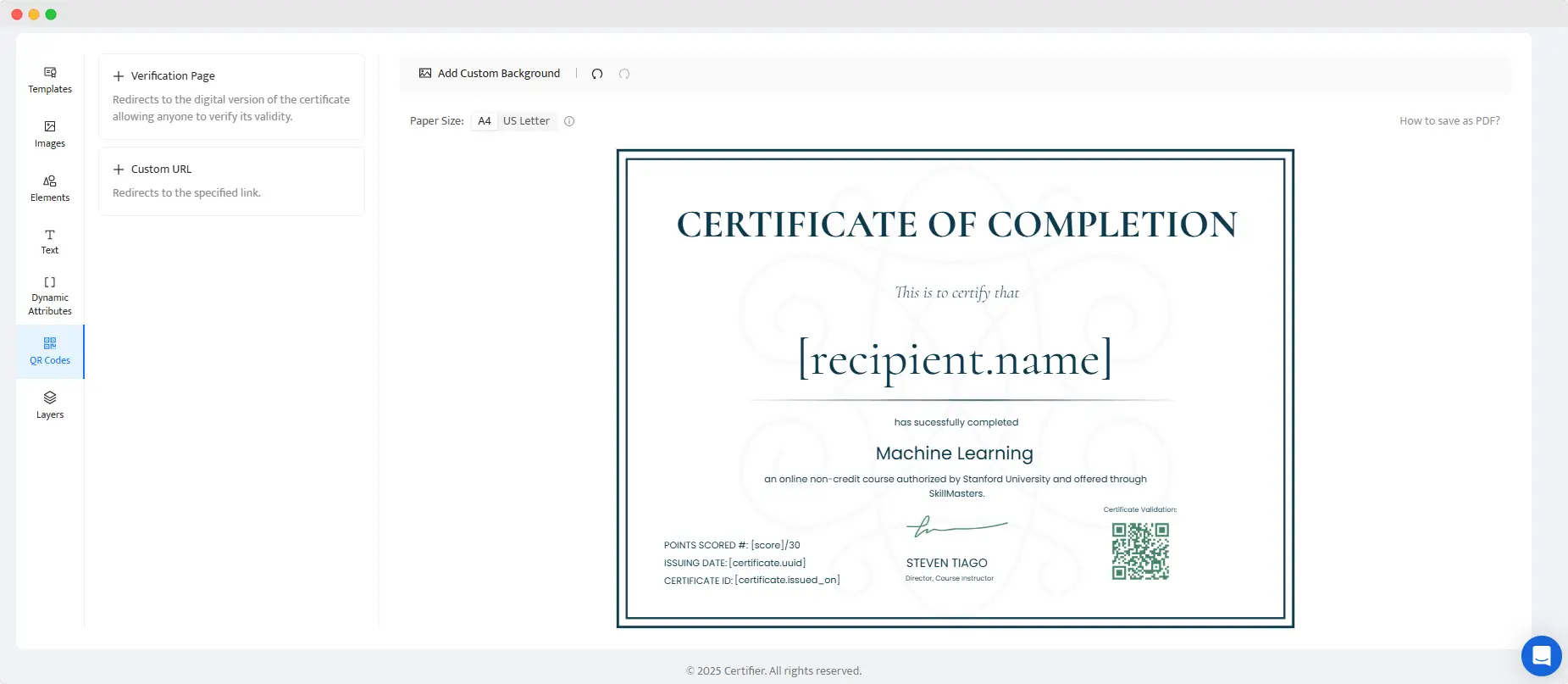 Certifier's QR code feature where a certificate issuer can choose to add a QR code to their certificate that will either lead to a verification page or a custom URL. Certifier's QR code feature where a certificate issuer can choose to add a QR code to their certificate that will either lead to a verification page or a custom URL.