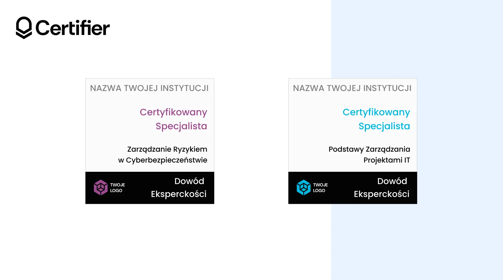 Kwadratowe certyfikaty LinkedIn z nazwą instytucji, z nazwą kursu, poziomem „Certyfikowany specjalista” i miejscem na logo, gotowe do dodania do profilu. Kwadratowe certyfikaty LinkedIn z nazwą instytucji, z nazwą kursu, poziomem „Certyfikowany specjalista” i miejscem na logo, gotowe do dodania do profilu.