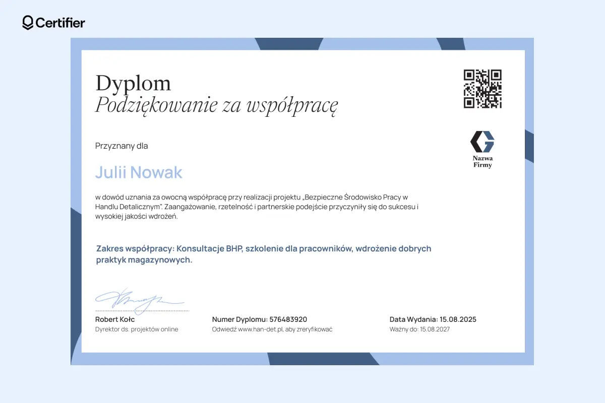 Dyplom podziękowanie za współpracę wzór z niebieską ramką, kodem QR i miejscem na zakres współpracy. Dyplom podziękowanie za współpracę wzór z niebieską ramką, kodem QR i miejscem na zakres współpracy.