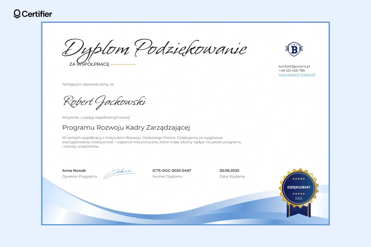 Dyplom podziękowanie za współpracę wzór z falowanym niebieskim akcentem i odznaką. Dyplom podziękowanie za współpracę wzór z falowanym niebieskim akcentem i odznaką.