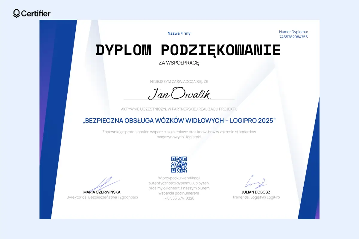 Dyplom podziękowanie za współpracę wzór z pionowymi niebieskimi akcentami i dużym tytułem. Dyplom podziękowanie za współpracę wzór z pionowymi niebieskimi akcentami i dużym tytułem.