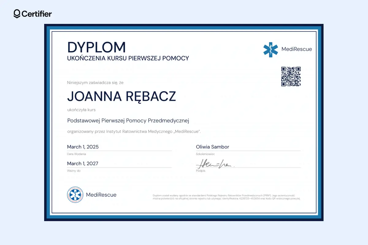 Dyplom ukończenia kursu pierwszej pomocy z granatową ramką, dużym nagłówkiem i kodem QR. Dyplom ukończenia kursu pierwszej pomocy z granatową ramką, dużym nagłówkiem i kodem QR.