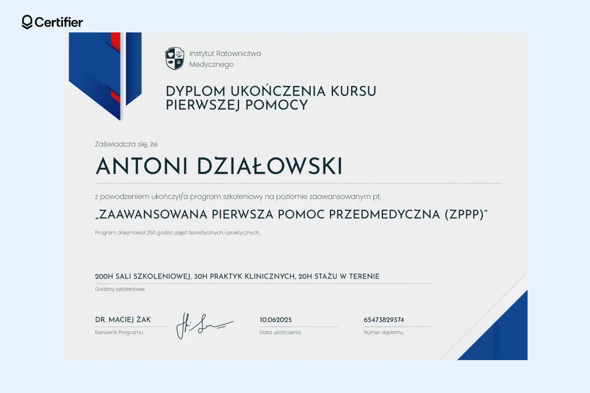 Dyplom pierwsza pomoc z nowoczesnymi kształtami i miejscem na dane kursowe. Dyplom pierwsza pomoc z nowoczesnymi kształtami i miejscem na dane kursowe.