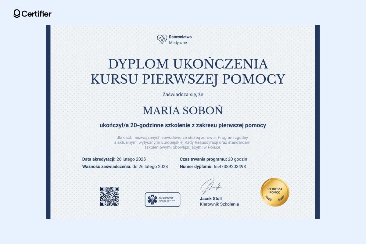 Dyplom ukończenia kursu pierwszej pomocy z niebieskimi detalami, pieczęcią i ozdobnym tłem. Dyplom ukończenia kursu pierwszej pomocy z niebieskimi detalami, pieczęcią i ozdobnym tłem.