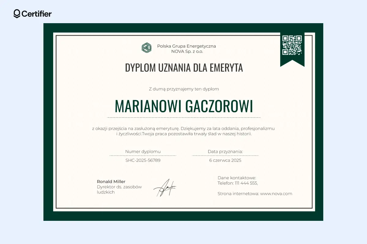 Dyplom emeryta do wydruku z zielonym paskiem, kodem QR i podpisem kierownika.