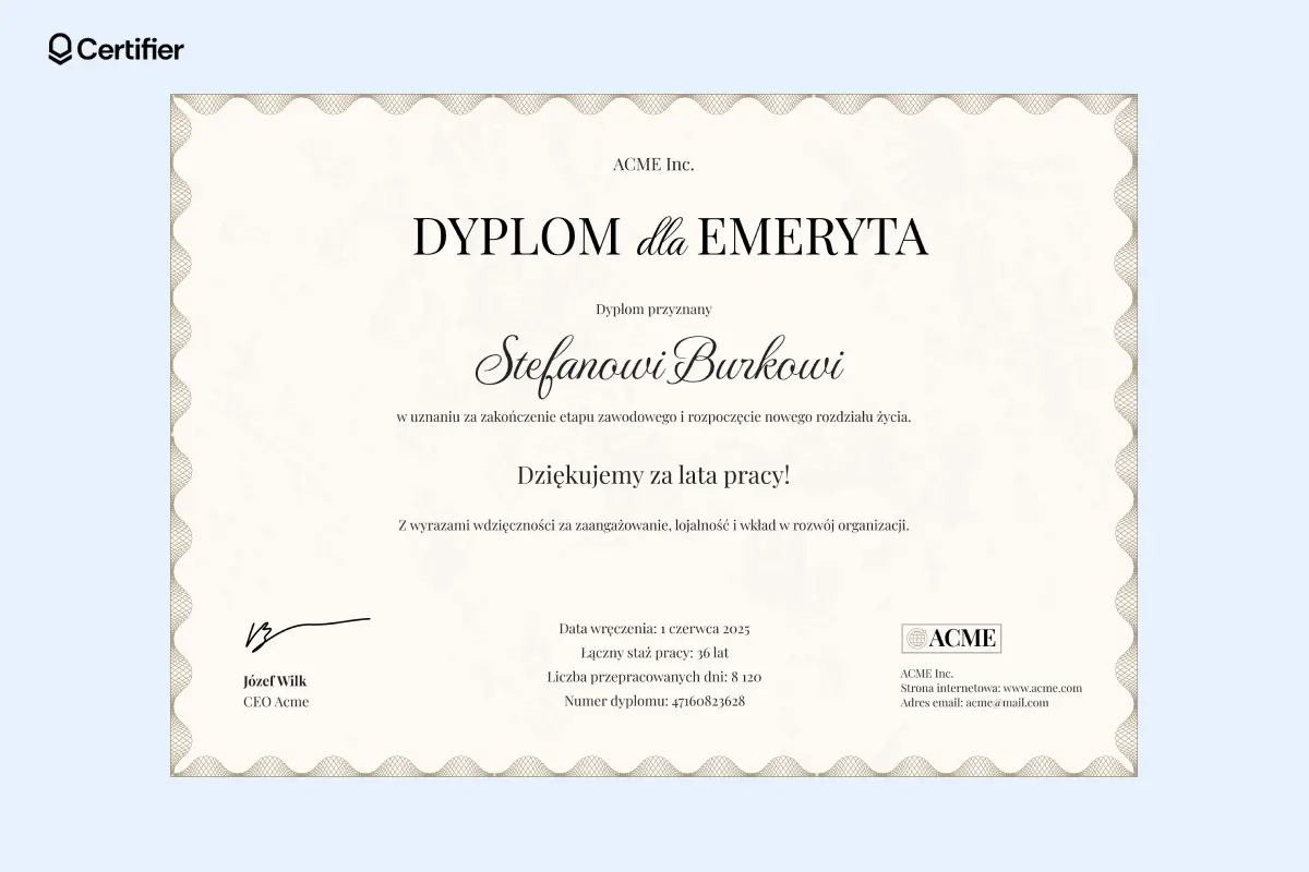 Dyplom dla emeryta do wydruku z beżową falowaną ramką i miejscem na dane stażowe; gotowy plik do drukowania dyplomów online.