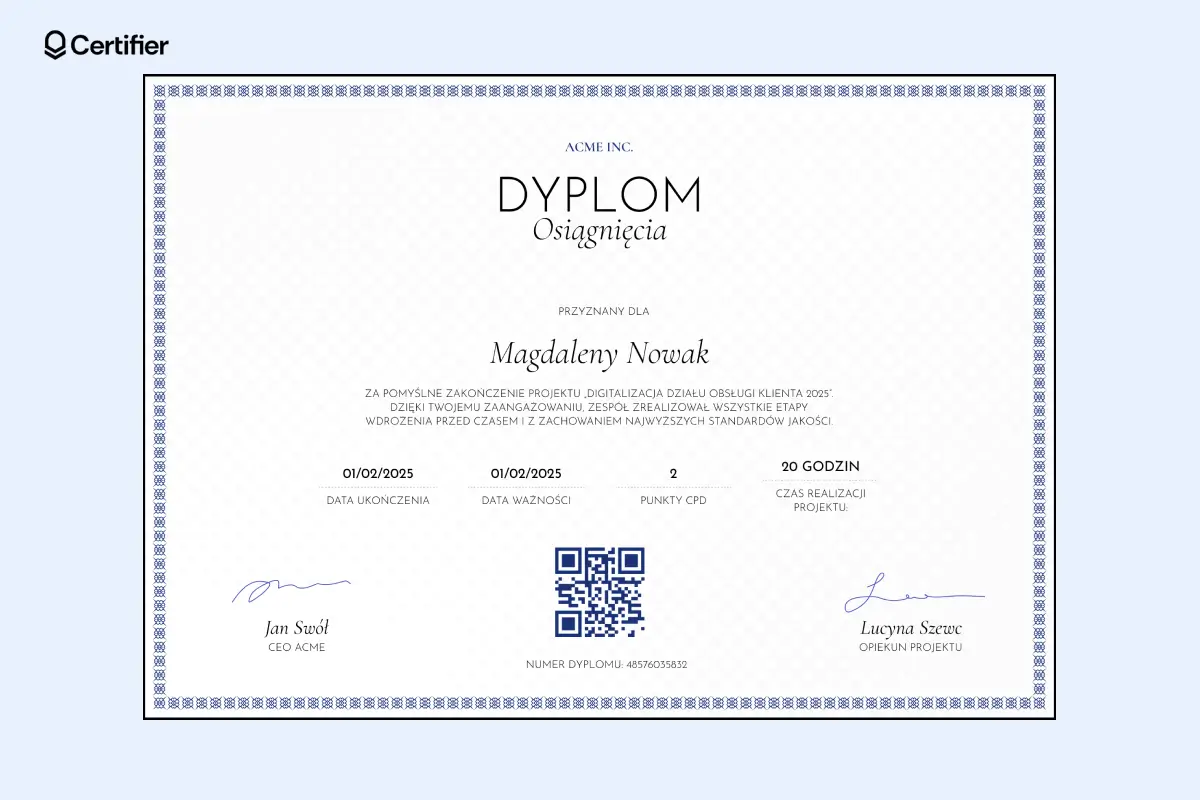 Dyplom sportowy szablon do pobrania z niebieską ramką, datami i kodem QR.