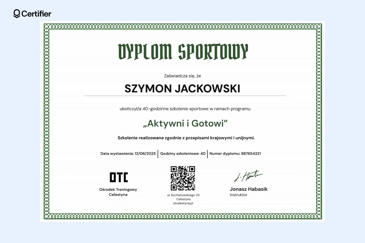 Dyplom sportowy szablon do pobrania z zieloną siatkowaną ramką i QR; drukowanie dyplomów online jest łatwiejsze z tym szablonem.