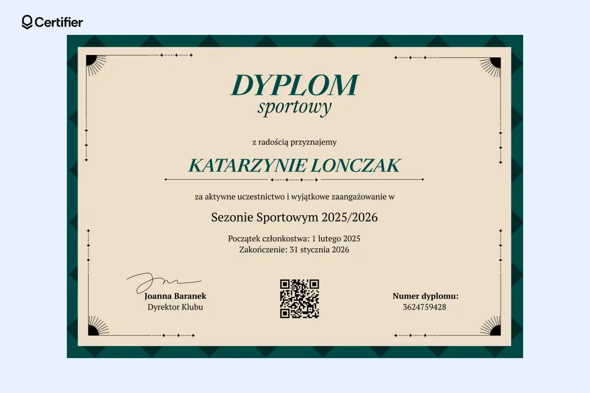 Dyplom sportowy szablon do pobrania z zieloną ramką i miejscem na daty sezonu; z tym szablonem drukowanie dyplomów online jest prostsze.