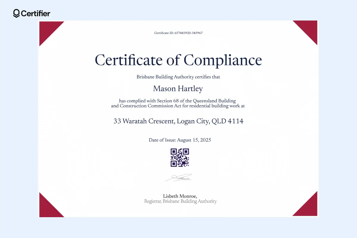 Alt: Certificate of compliance QLD template with QR code, issue date, and residential address. Alt: Certificate of compliance QLD template with QR code, issue date, and residential address.
