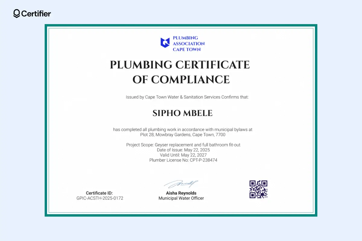 Plumbing certificate of compliance template Cape Town with, issue and expiry date, license number. Plumbing certificate of compliance template Cape Town with, issue and expiry date, license number.