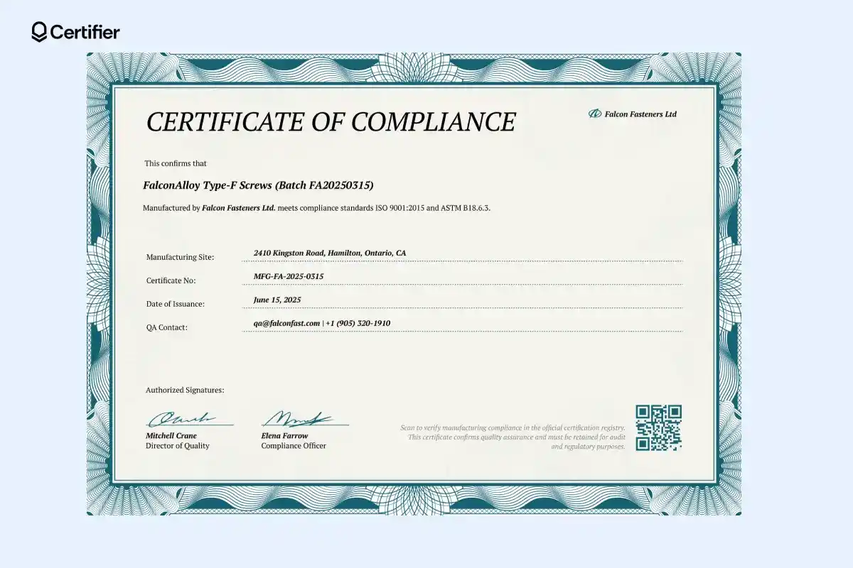 Certificate of compliance manufacturing template with batch ID, manufacturing address, and QA contact; suitable as a air conditioning certificate of compliance template. Certificate of compliance manufacturing template with batch ID, manufacturing address, and QA contact; suitable as a air conditioning certificate of compliance template.