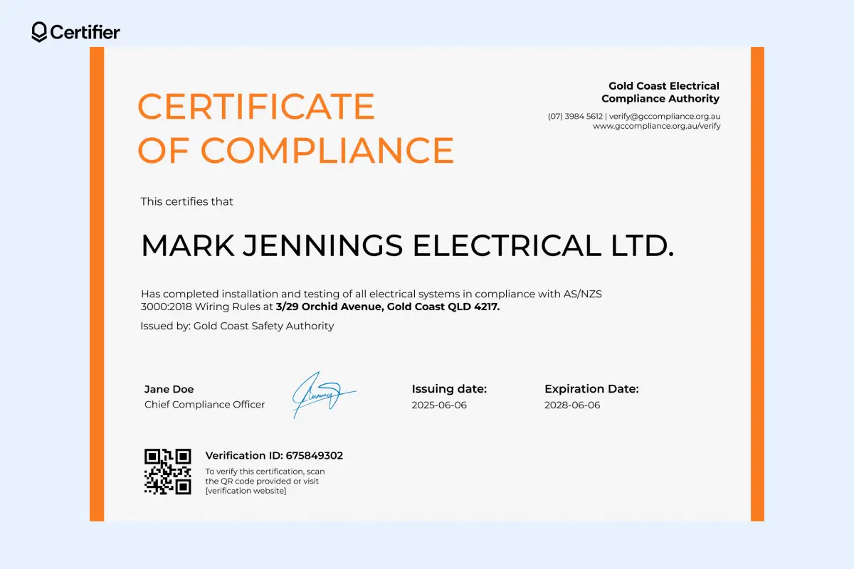 Electrical certificate of compliance template with wiring rules, installation address, and verification ID. Can be used as a VBA certificate of compliance template. Electrical certificate of compliance template with wiring rules, installation address, and verification ID. Can be used as a VBA certificate of compliance template.
