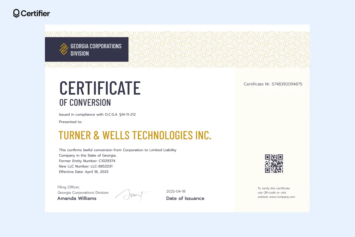 Certificate of conversion in compliance with O.C.G.A. 14-11-212 template with Georgia LLC entity numbers; suitable as a GDPR compliance certificate. Certificate of conversion in compliance with O.C.G.A. 14-11-212 template with Georgia LLC entity numbers; suitable as a GDPR compliance certificate.