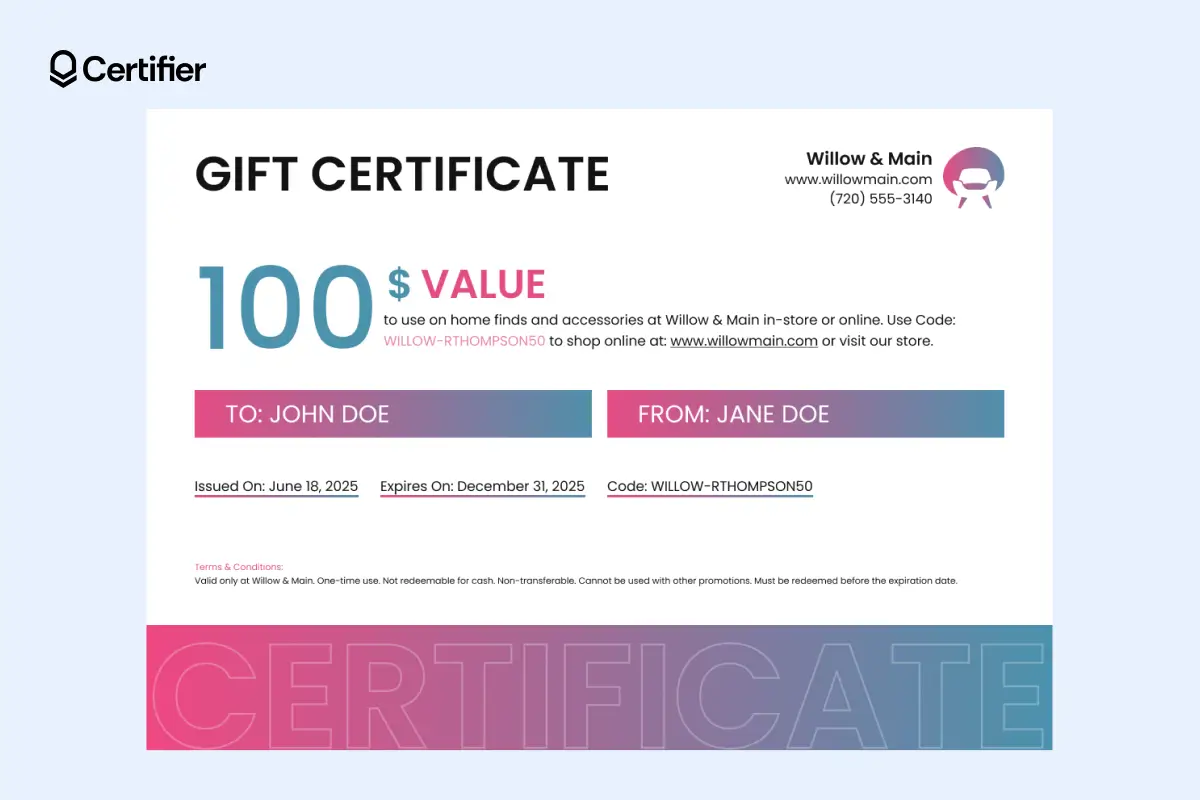 Gradient gift certificate with large $100 value, TO/FROM fields and website info. Gradient gift certificate with large $100 value, TO/FROM fields and website info.