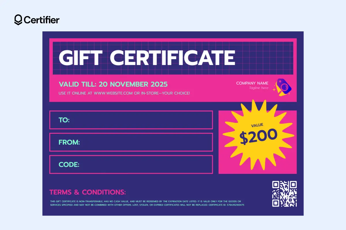 Vivid gift certificate with blue and magenta palette, $200 badge and QR code. Vivid gift certificate with blue and magenta palette, $200 badge and QR code.
