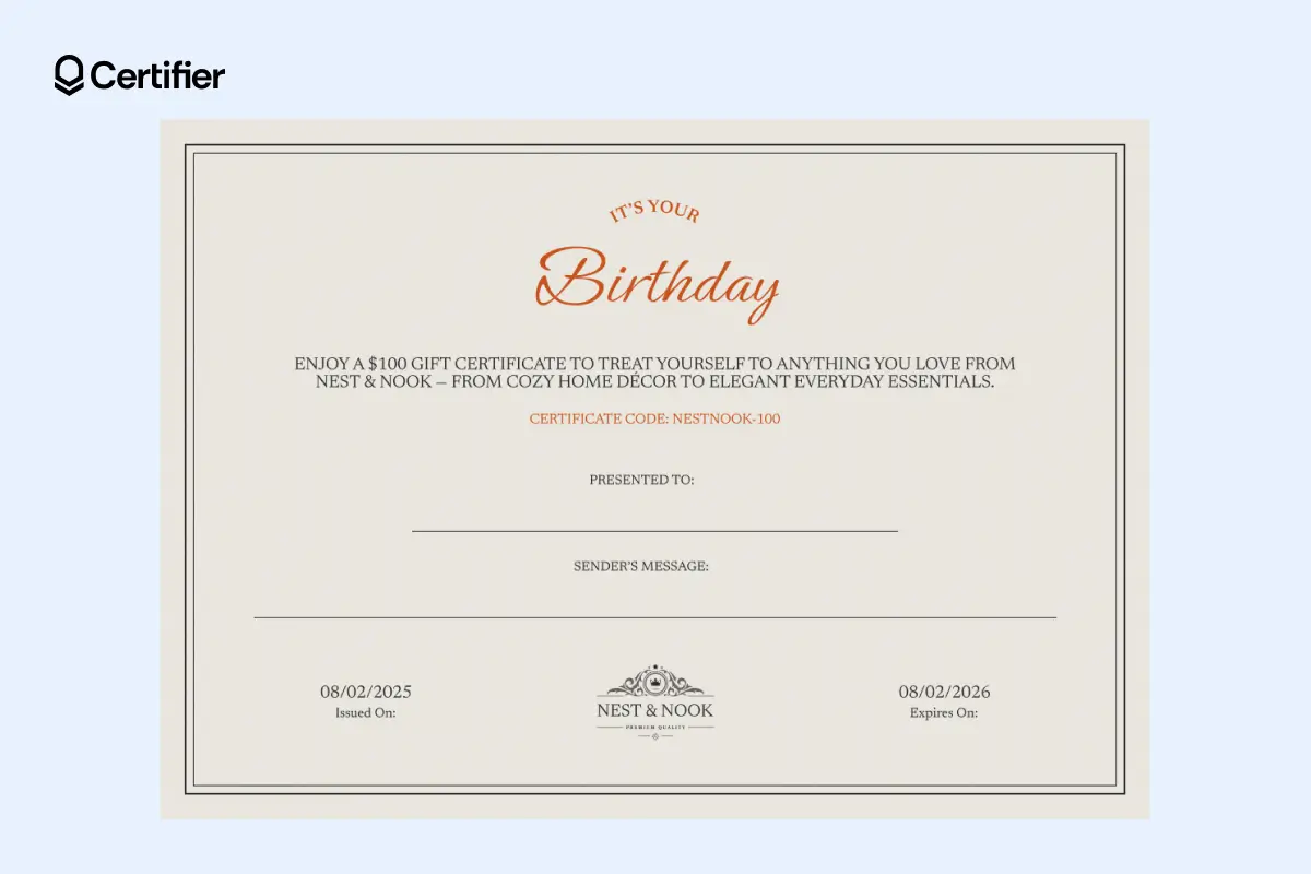 Birthday gift certificate template in beige with orange accents. Birthday gift certificate template in beige with orange accents.