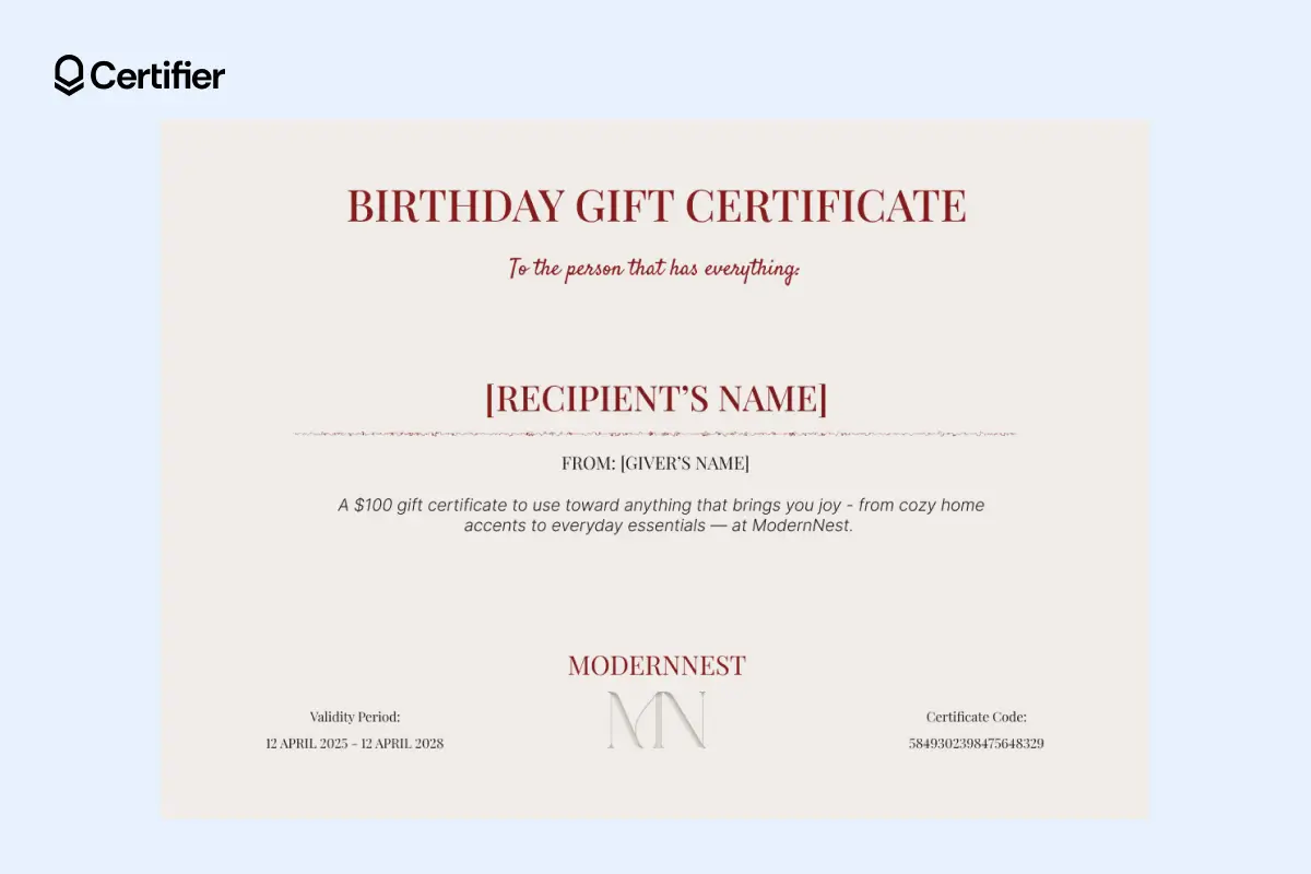 Editable birthday gift certificate template in beige with bold serif header. Editable birthday gift certificate template in beige with bold serif header.
